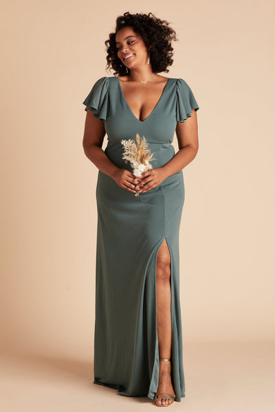 Hannah bridesmaid dress with slit in sea glass green crepe by Birdy Grey, front view