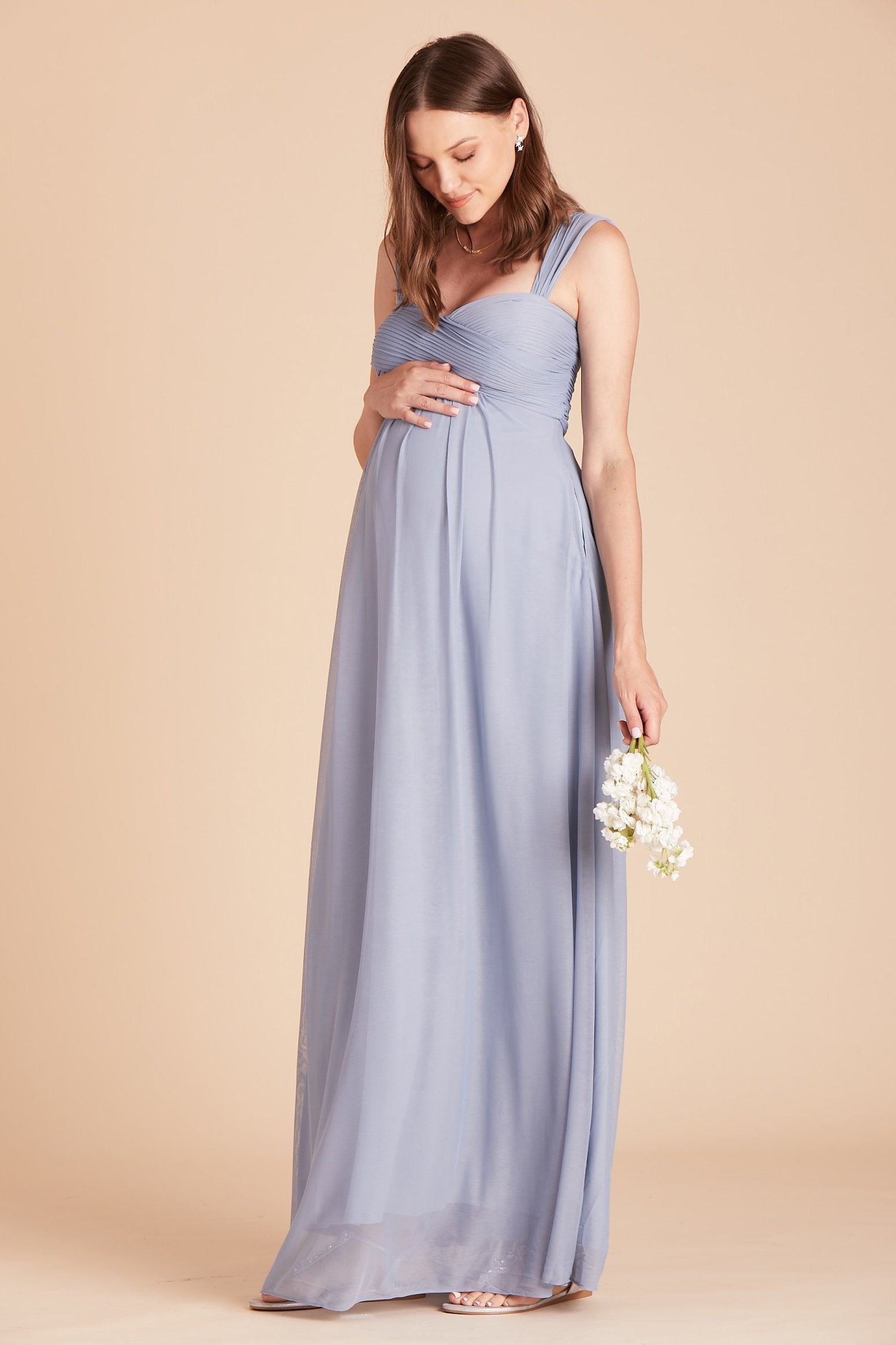 Maria convertible bridesmaids dress in dusty blue chiffon by Birdy Grey, front view