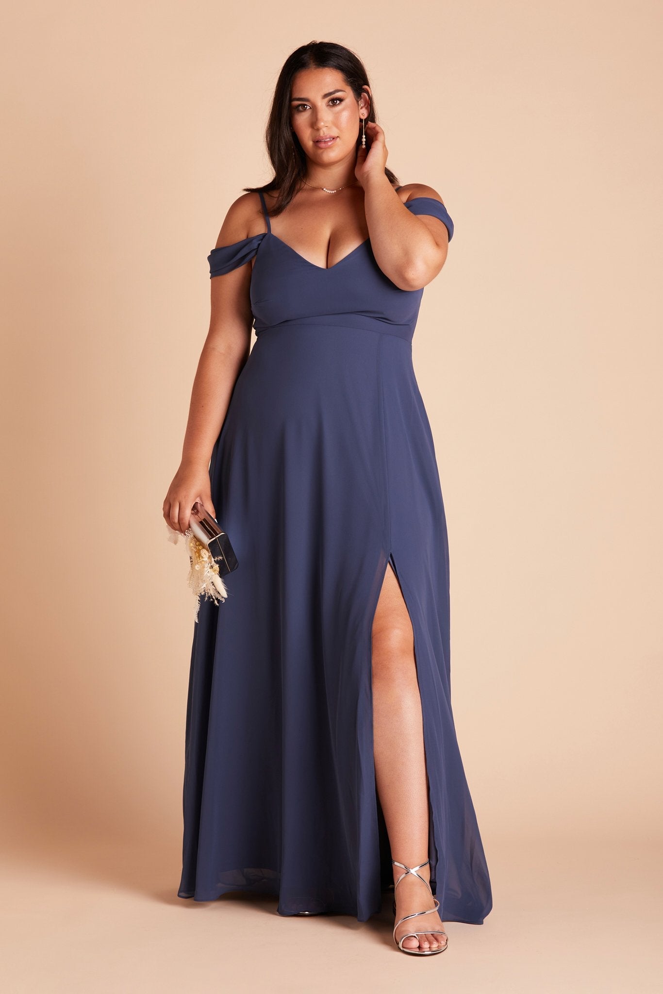 Devin convertible plus size bridesmaids dress with slit in slate blue chiffon by Birdy Grey, front view