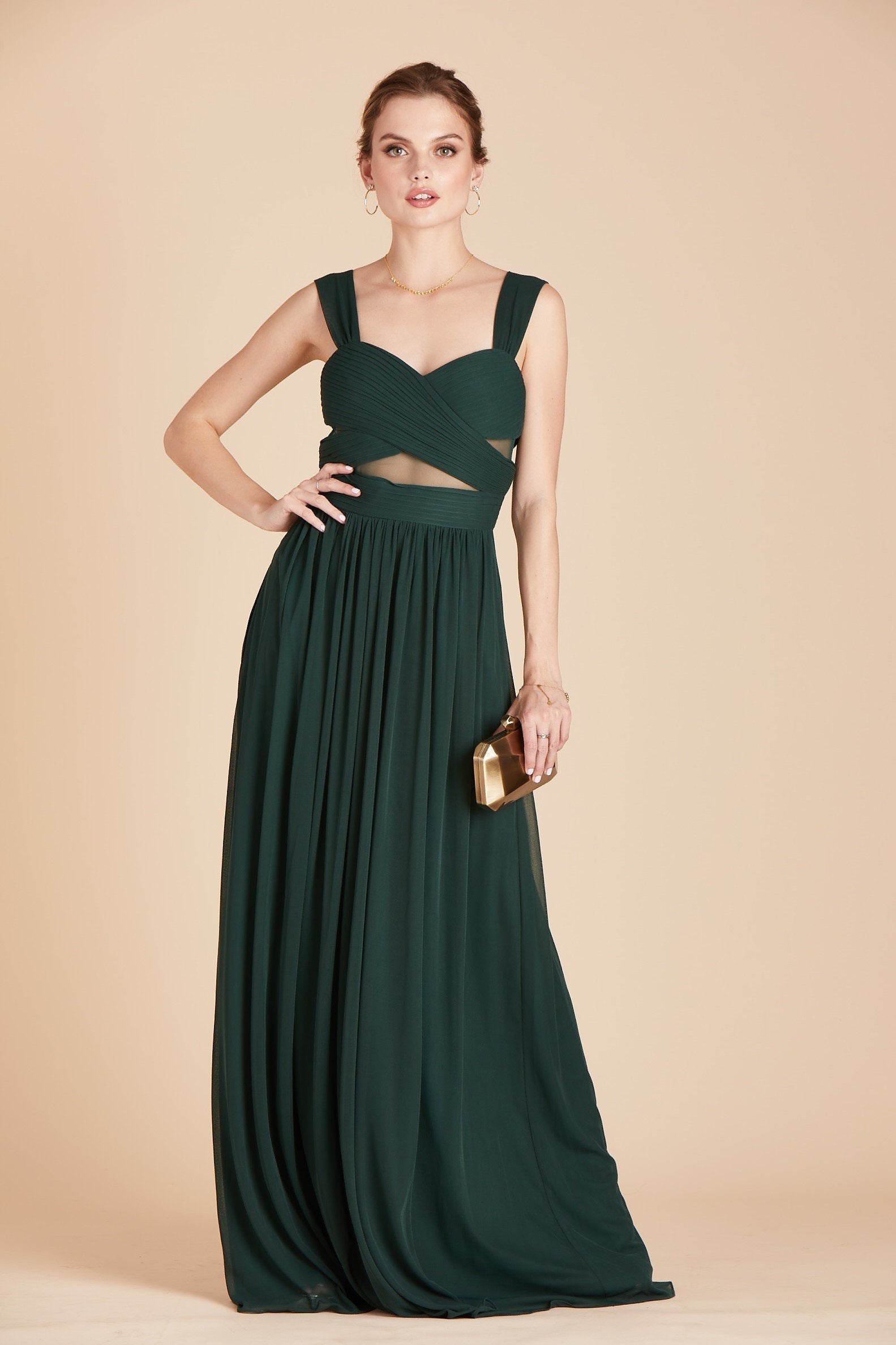 Elsye bridesmaid dress in emerald green chiffon by Birdy Grey, front view