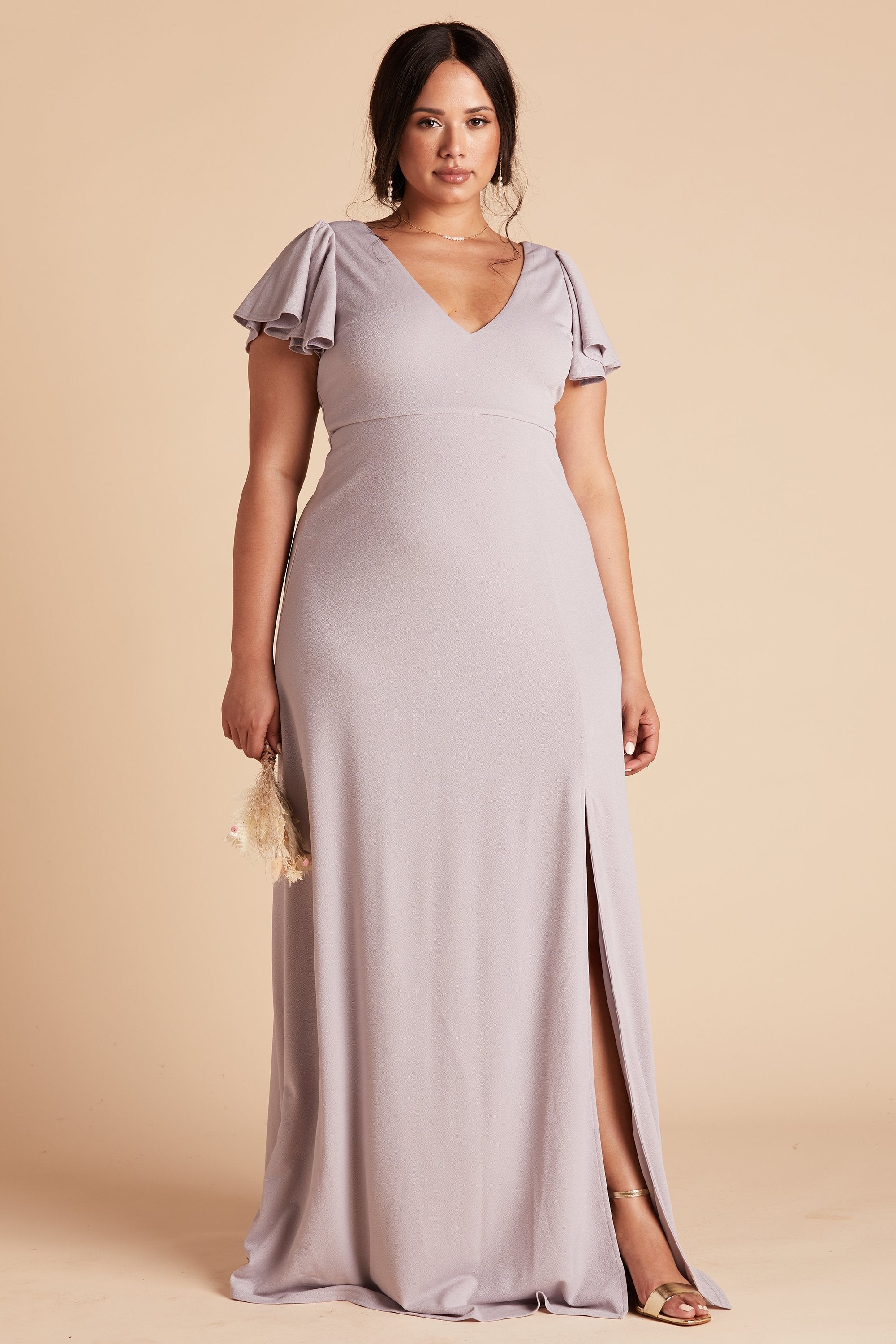 Hannah plus size bridesmaid dress with slit in lilac purple crepe by Birdy Grey, front view