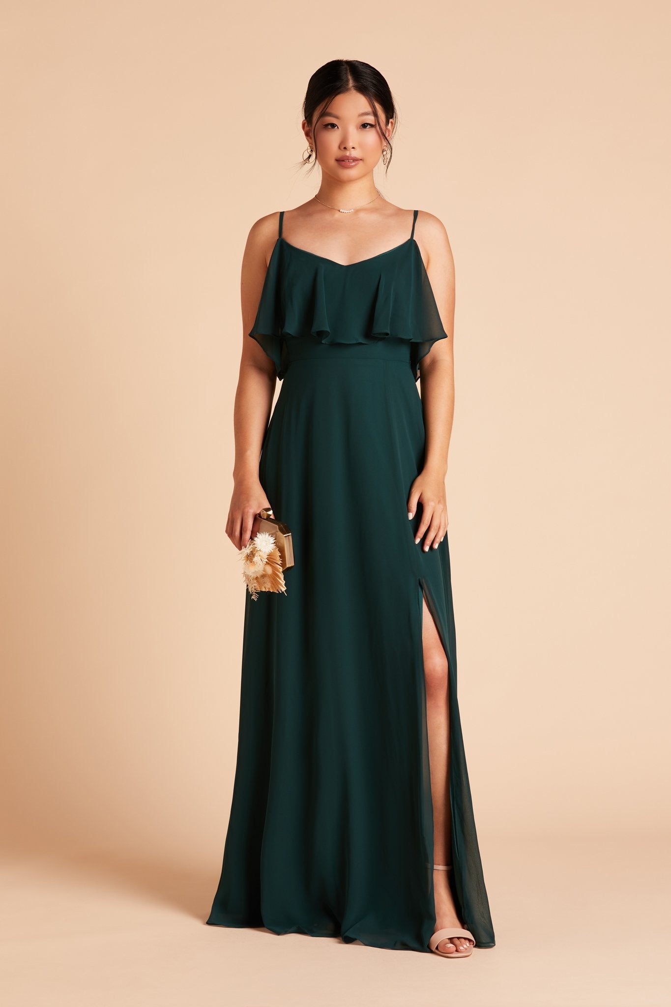 Jane convertible bridesmaid dress with slit in emerald green chiffon by Birdy Grey, front view