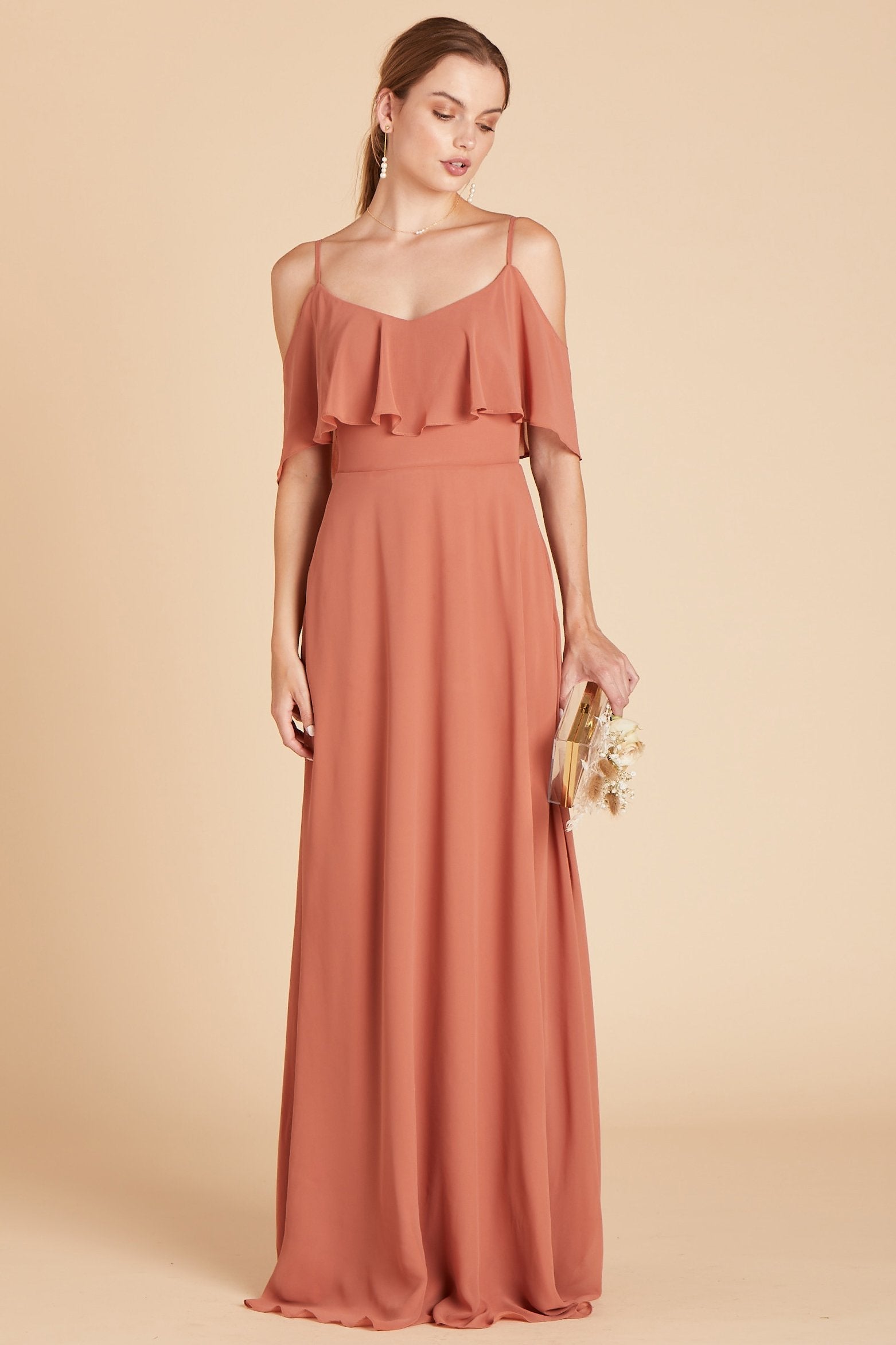 Jane convertible bridesmaid dress in terracotta orange chiffon by Birdy Grey, front view