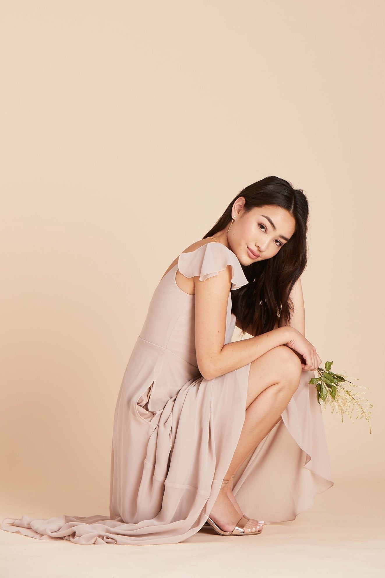 Kae bridesmaids dress in taupe chiffon by Birdy Grey, side view