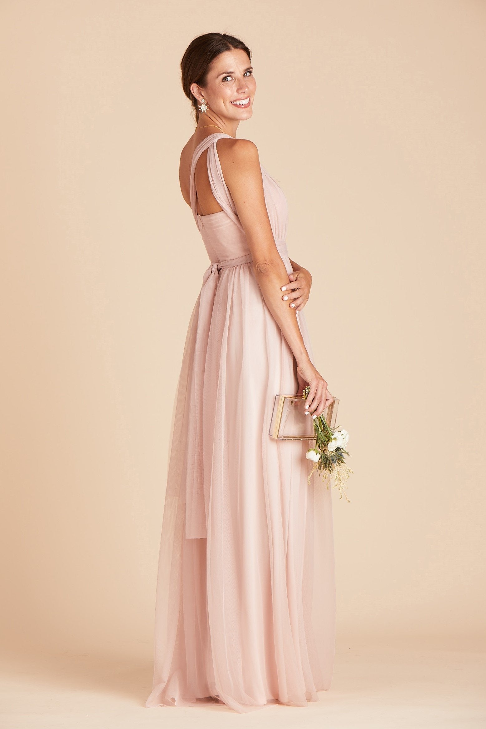 Christina convertible bridesmaid dress in vintage blush tulle by Birdy Grey, side view