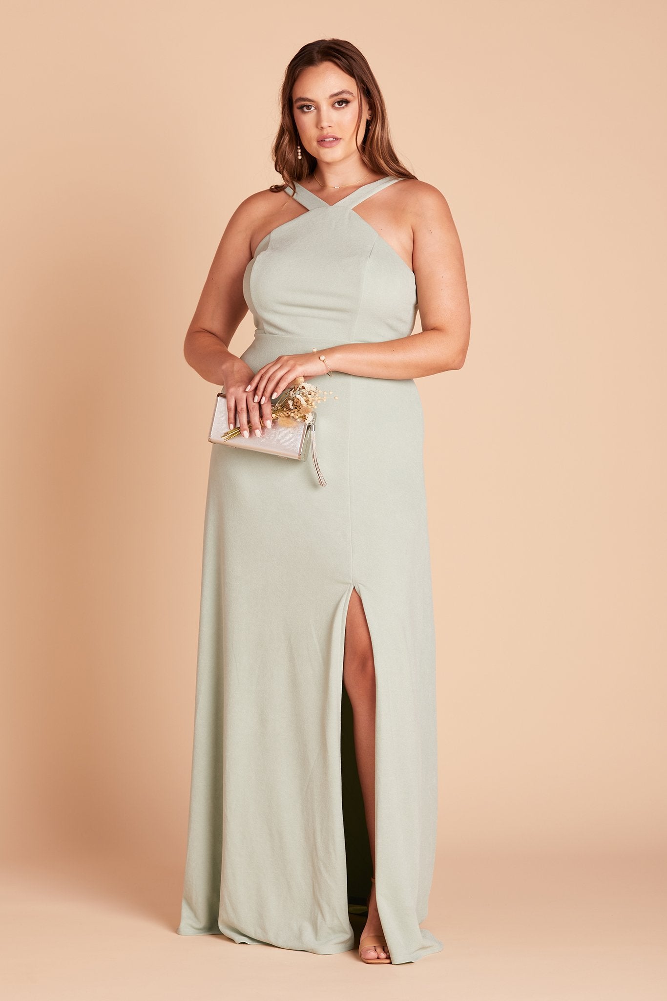 Gene plus size bridesmaid dress with slit in sage green crepe by Birdy Grey, front view