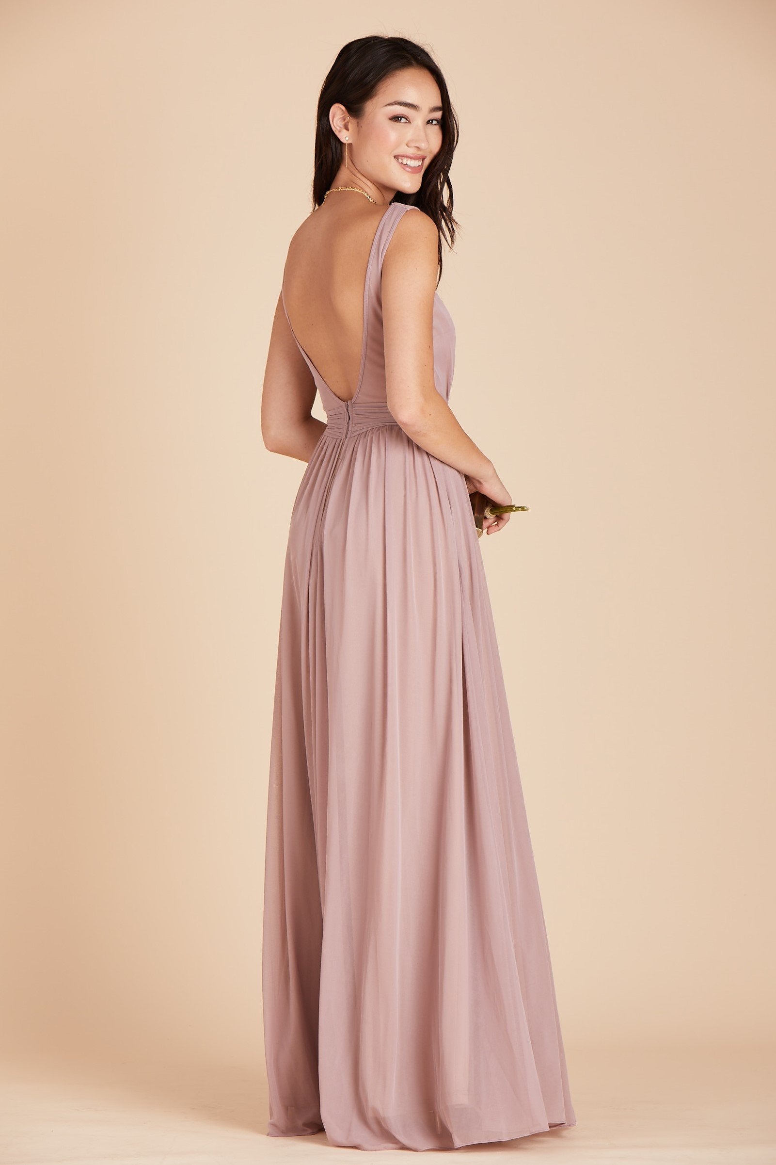 Jay bridesmaids dress in mauve chiffon by Birdy Grey, back view