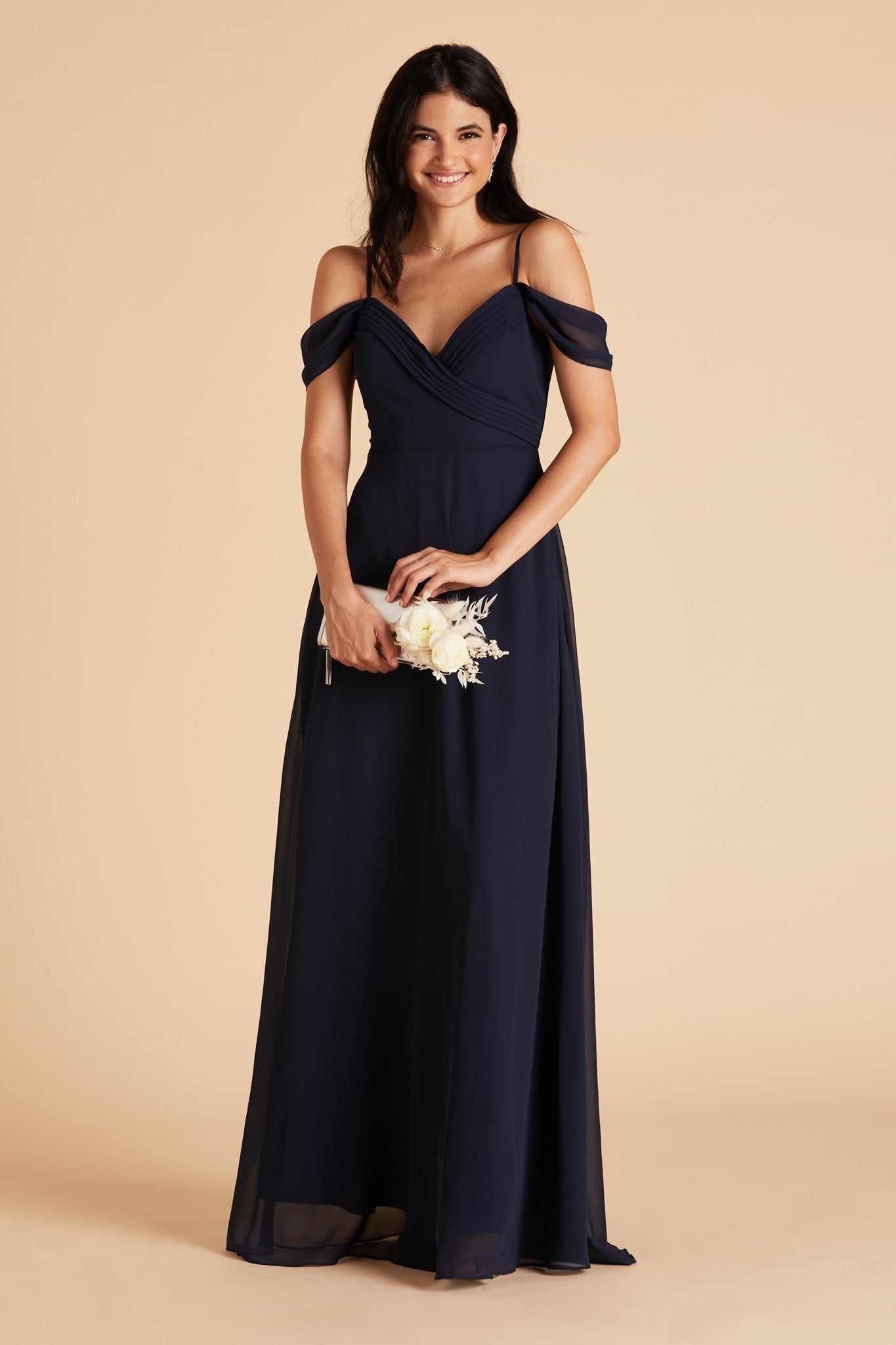 Spence convertible bridesmaid dress in navy blue chiffon by Birdy Grey, front view