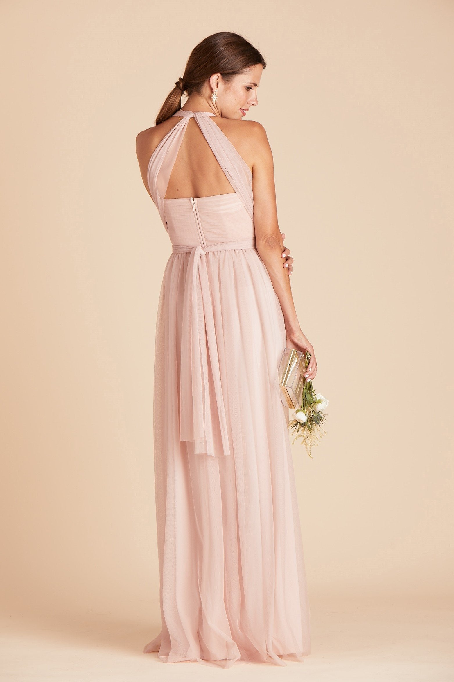 Christina convertible bridesmaid dress in vintage blush tulle by Birdy Grey, back view