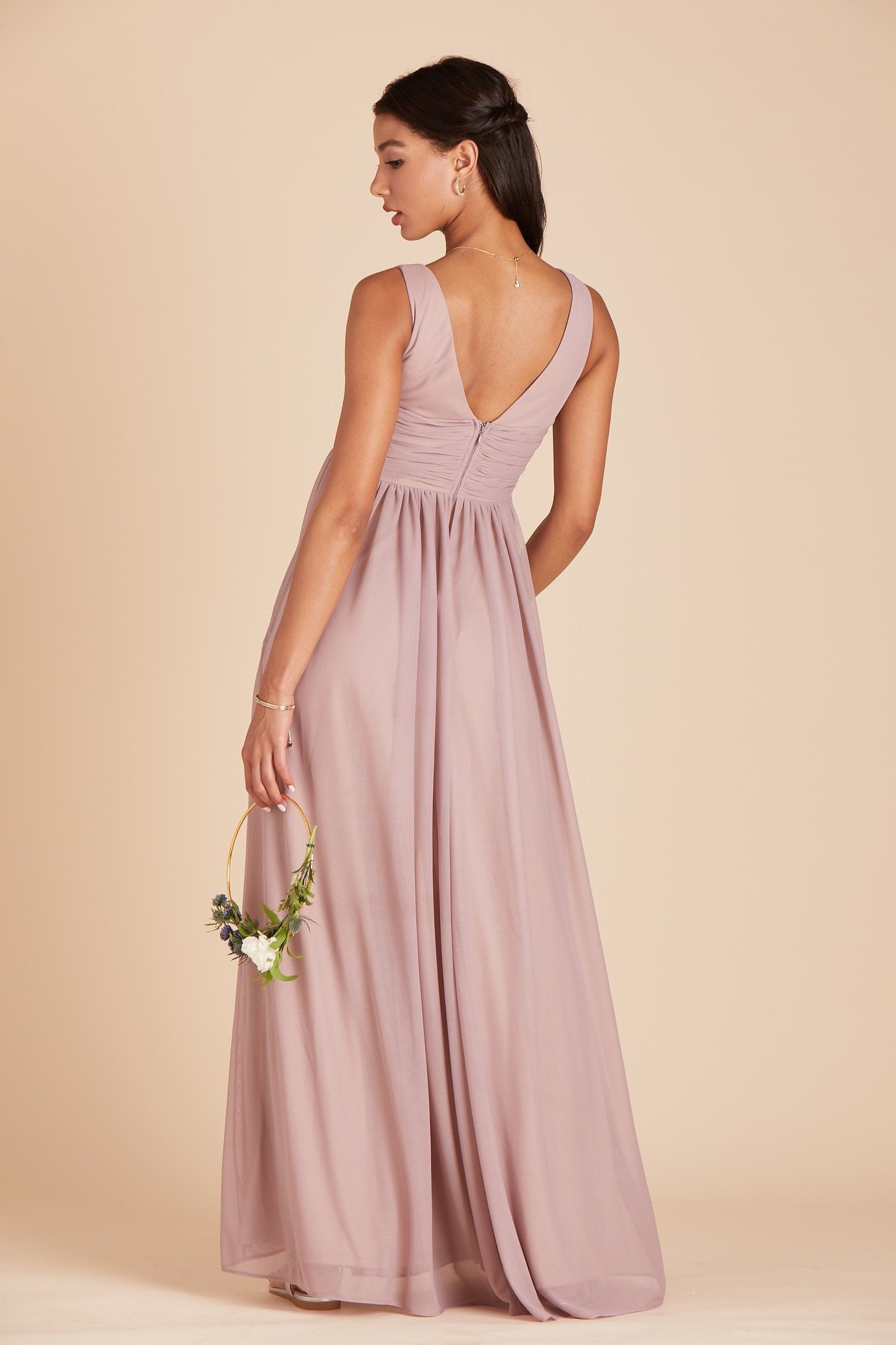 Lianna bridesmaid dress in mauve pink chiffon by Birdy Grey, back view