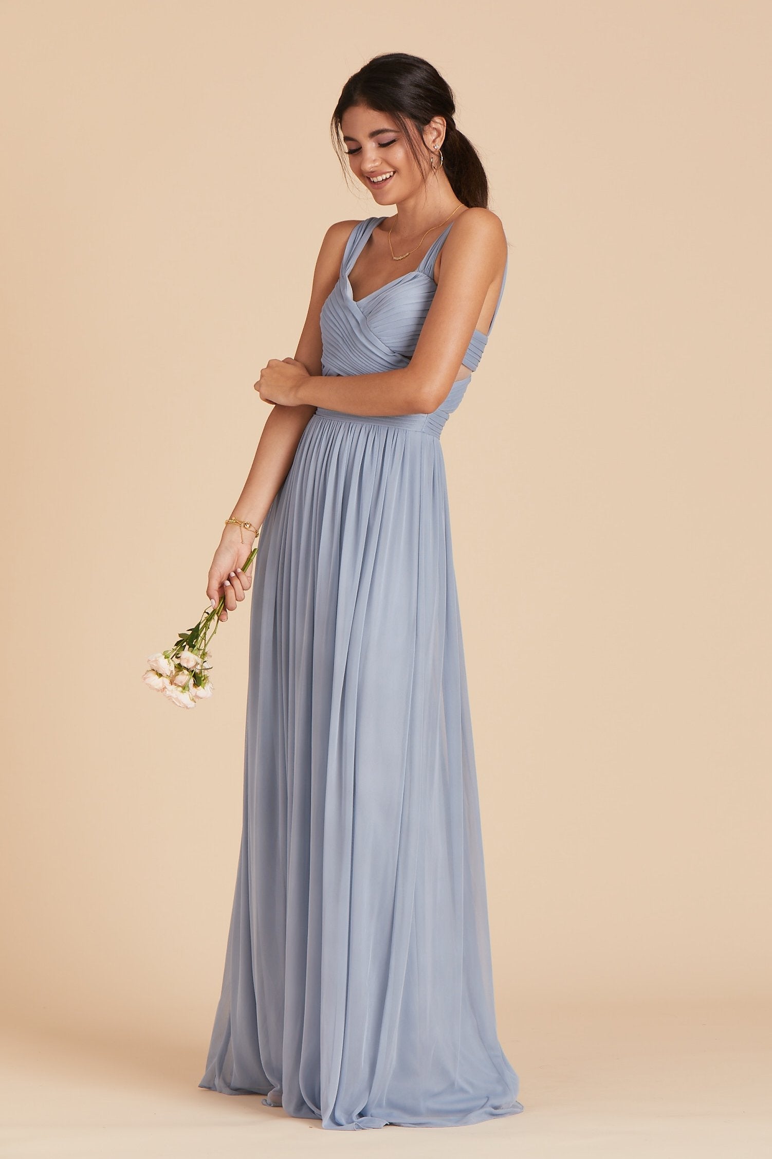 Elsye bridesmaid dress in dusty blue chiffon by Birdy Grey, side view