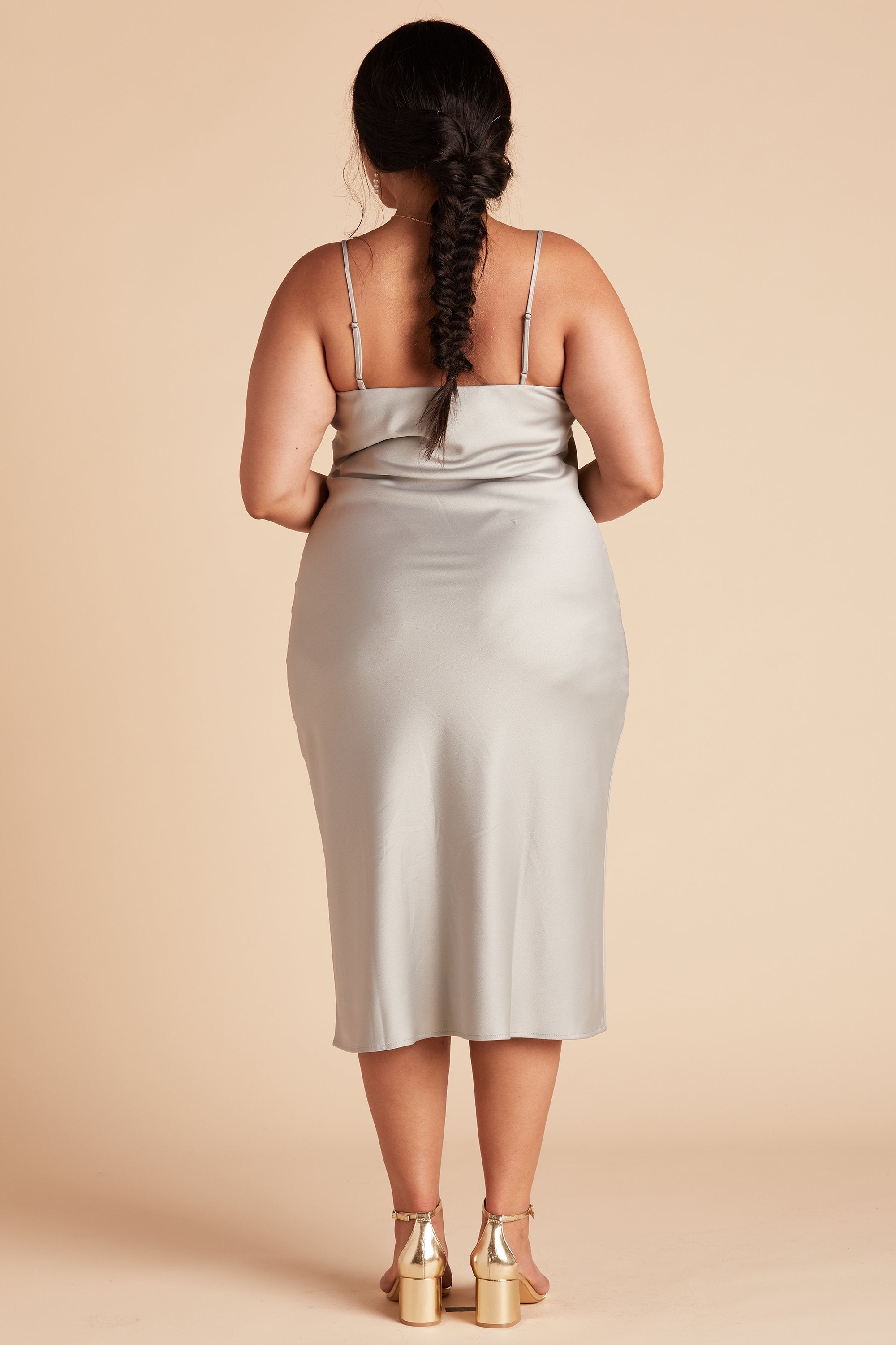 Lista plus size midi dress in pewter satin by Birdy Grey, back view