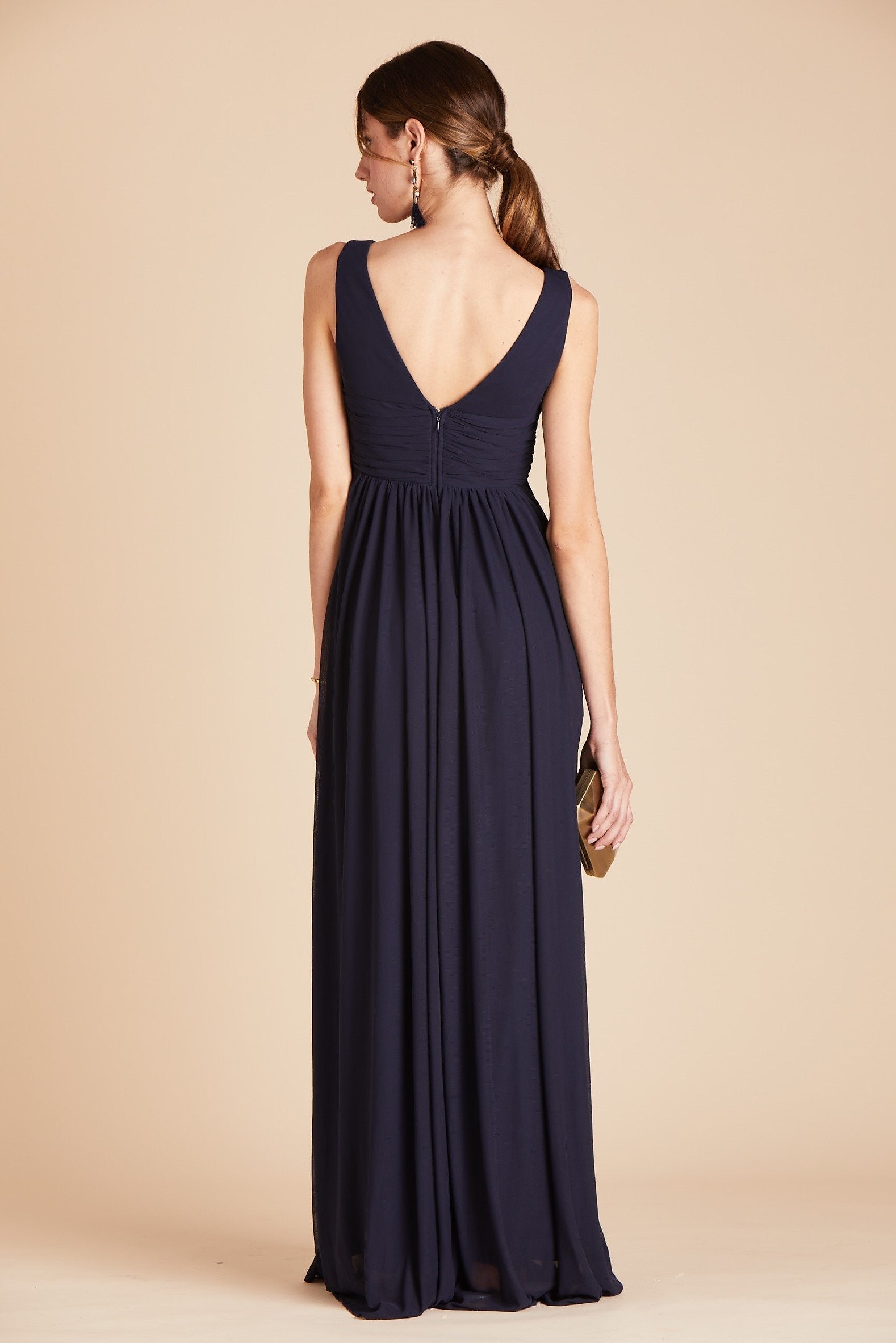 Lianna bridesmaid dress in navy blue chiffon by Birdy Grey, back view