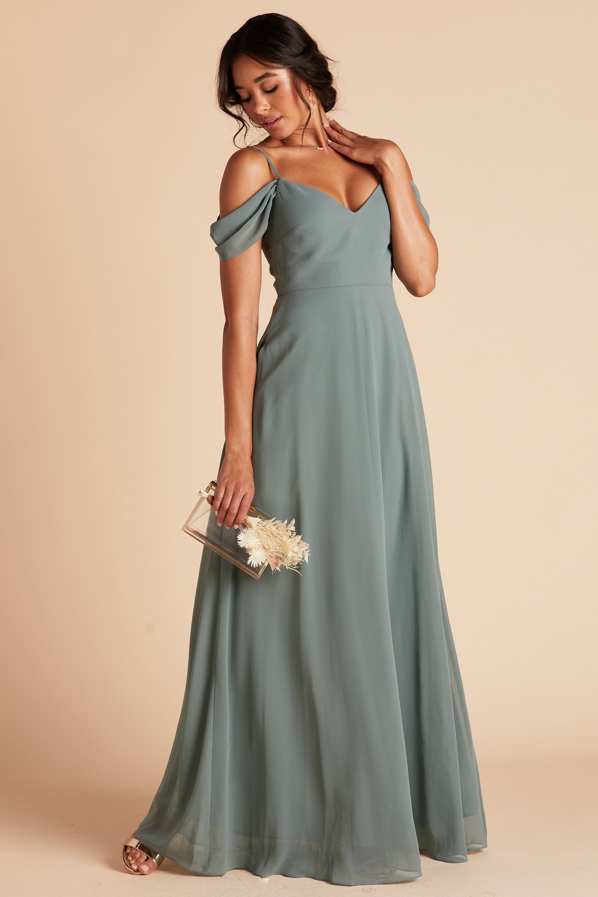 Devin convertible bridesmaids dress in sea glass green chiffon by Birdy Grey, front view