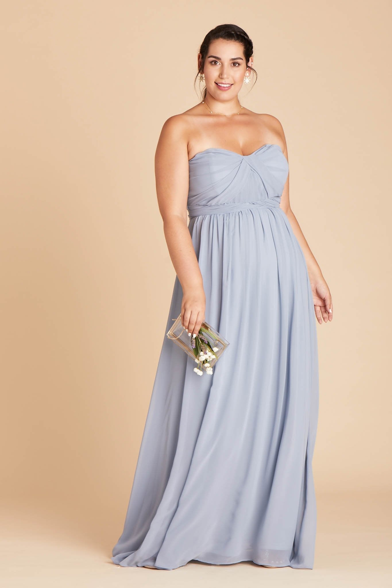 Grace convertible plus size bridesmaid dress in dusty blue chiffon by Birdy Grey, front view