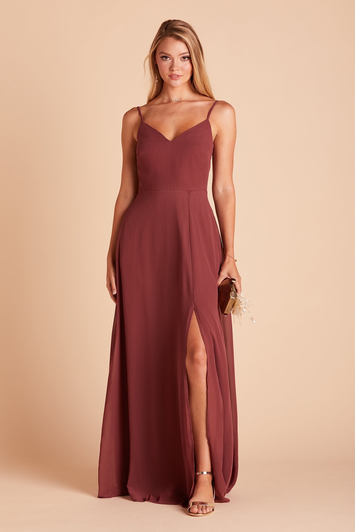 Devin convertible bridesmaids dress with slit in rosewood chiffon by Birdy Grey, front view