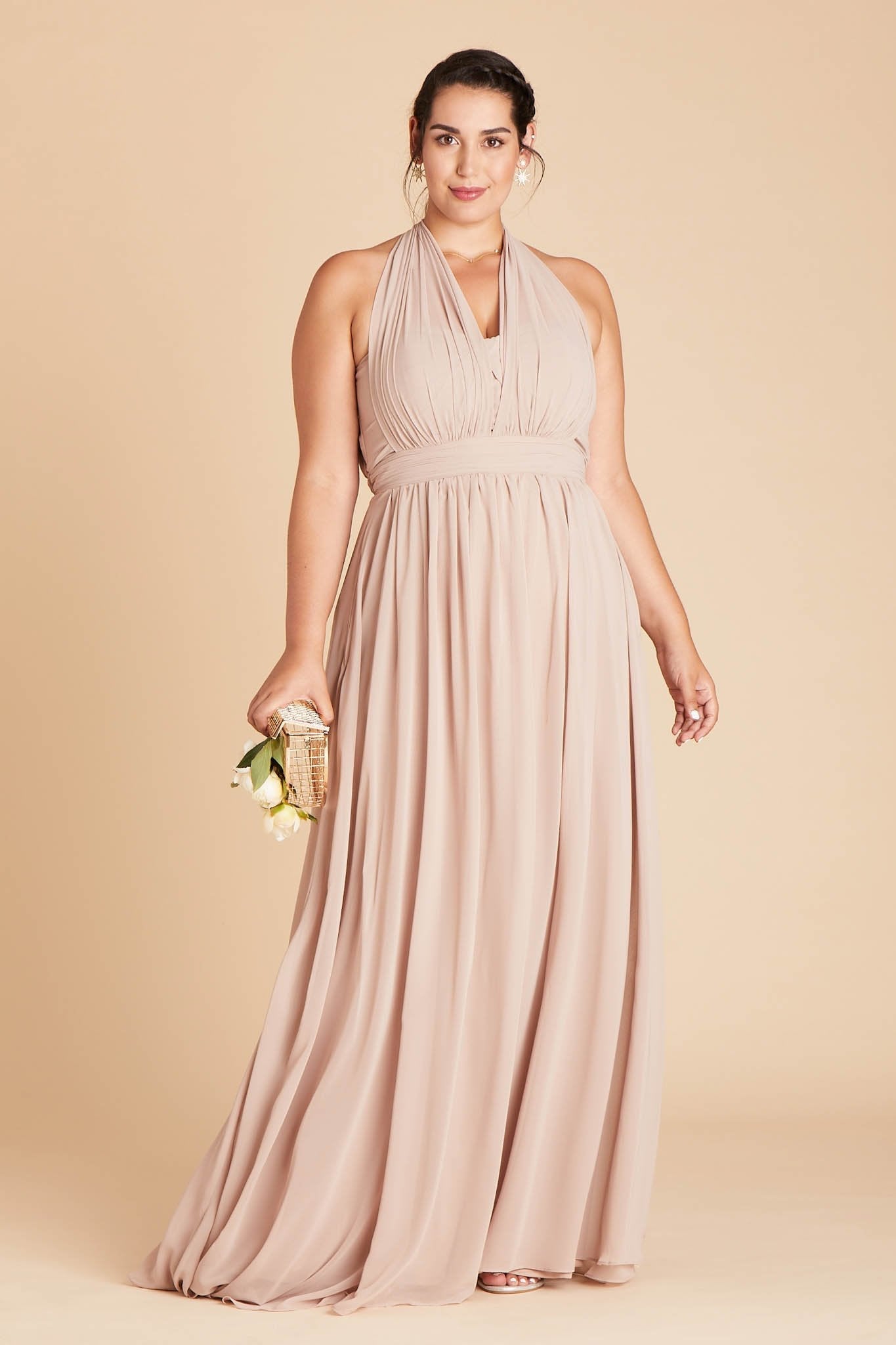 Grace convertible plus size bridesmaid dress in taupe chiffon by Birdy Grey, front view