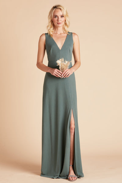 Shamin bridesmaid dress with slit in sea glass green crepe by Birdy Grey, front view