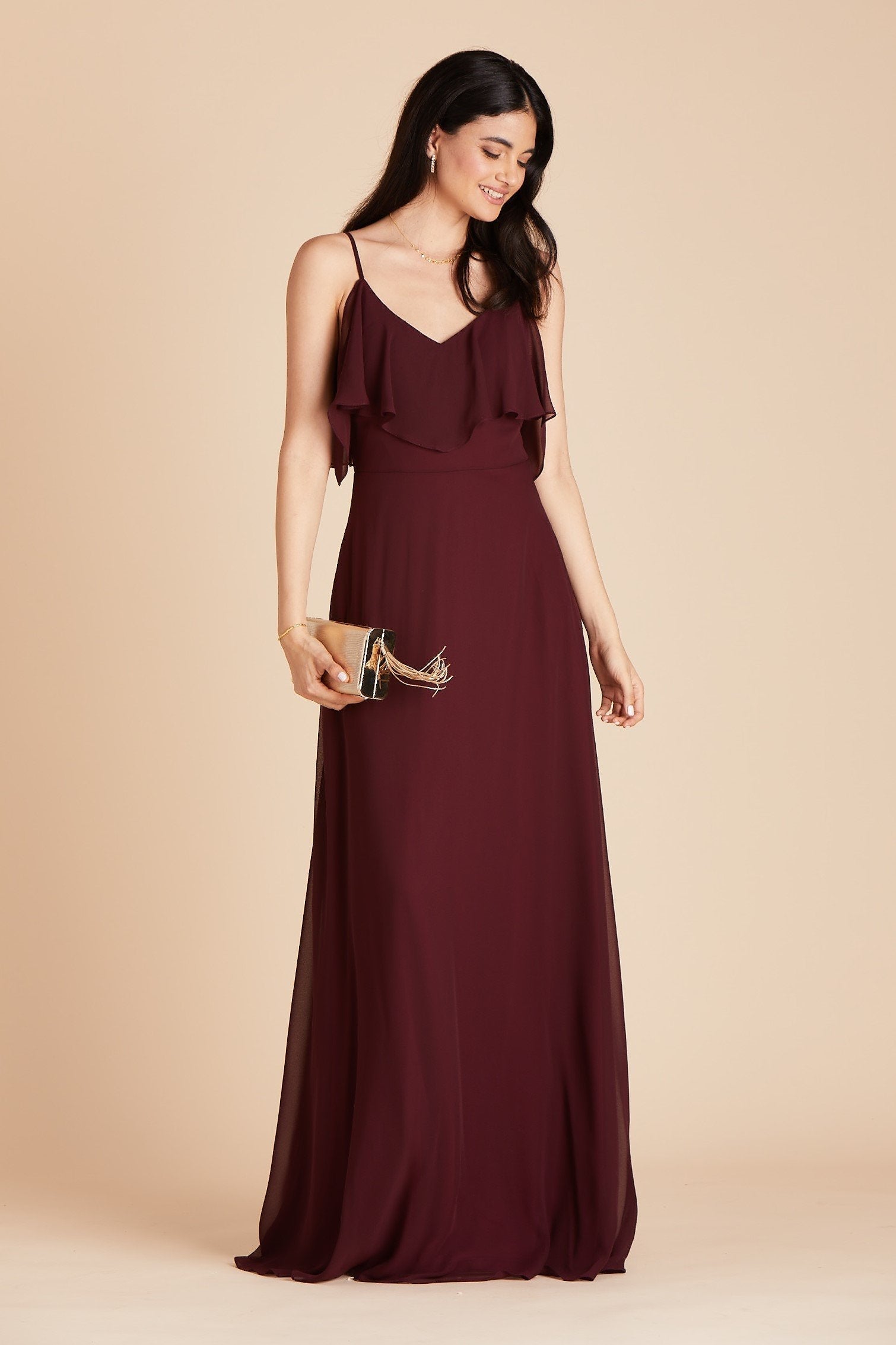 Jane convertible bridesmaid dress with slit in cabernet burgundy chiffon by Birdy Grey, front view