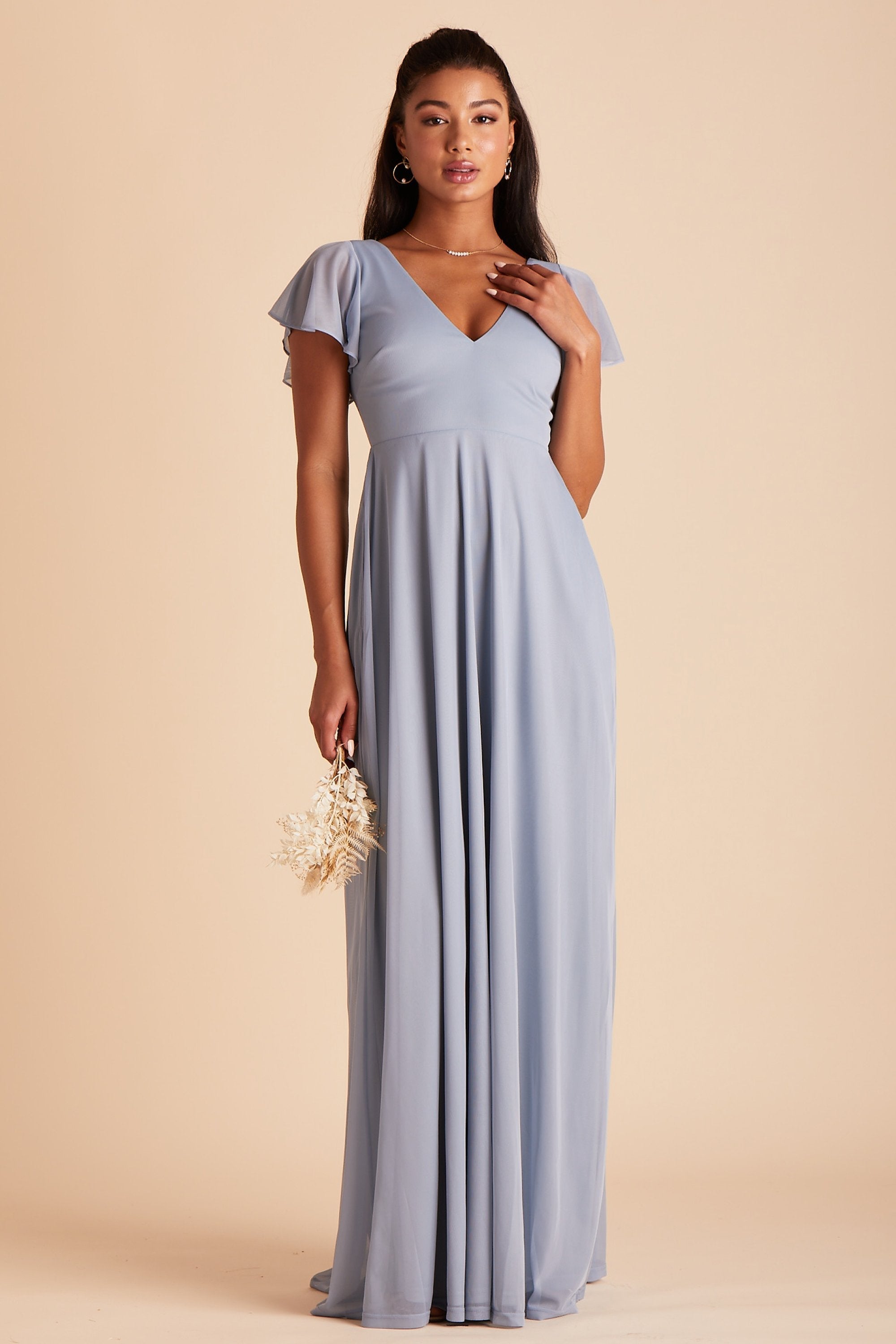 Hannah bridesmaids dress in dusty blue mesh by Birdy Grey, front view