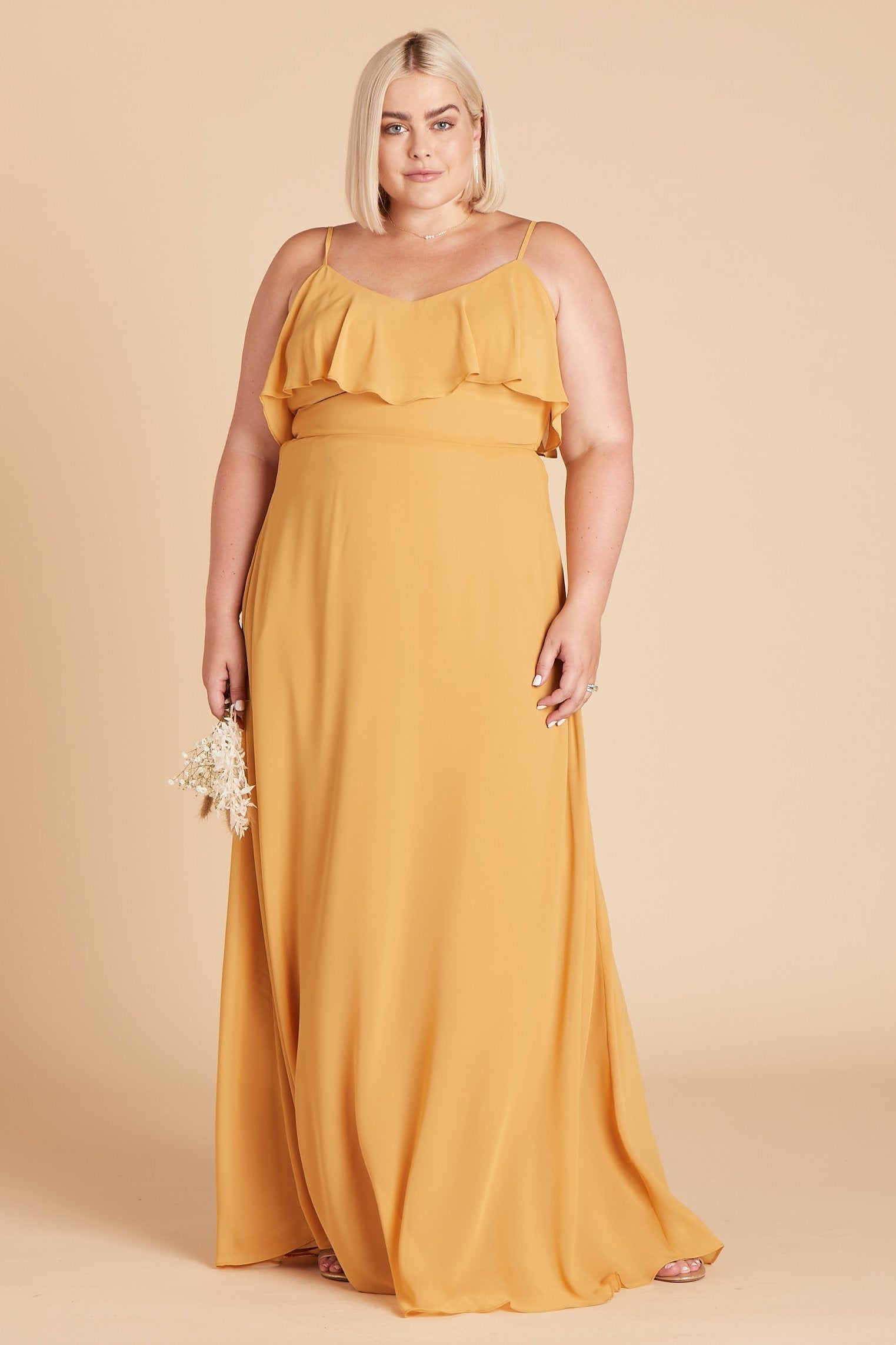 Jane convertible plus size bridesmaid dress in marigold chiffon by Birdy Grey, front view