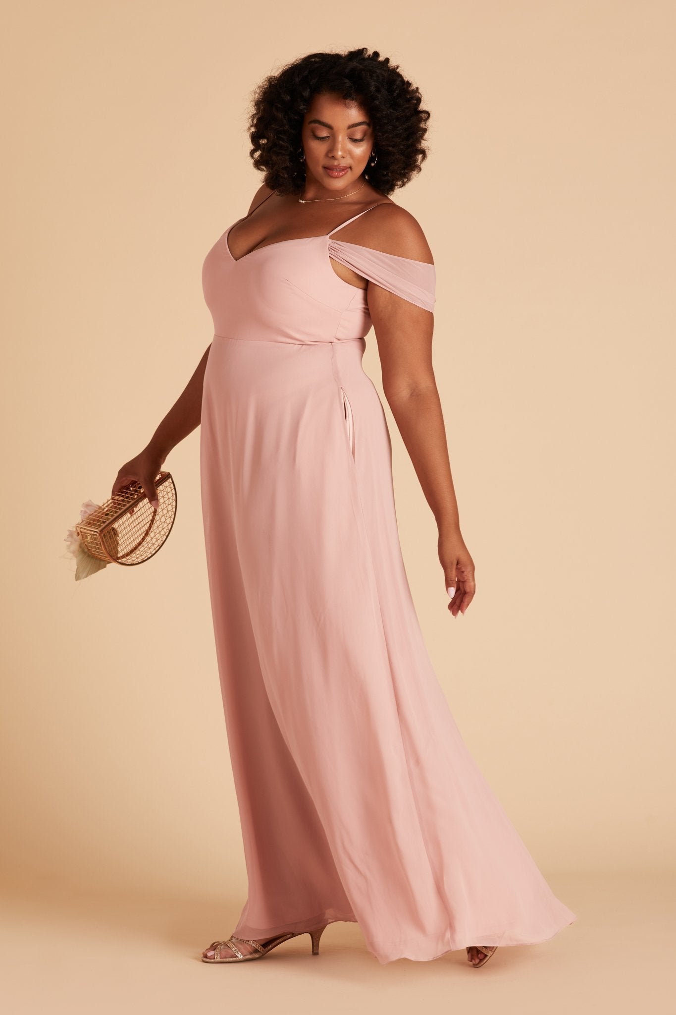 Devin convertible plus size bridesmaids dress in dusty rose chiffon by Birdy Grey, side view