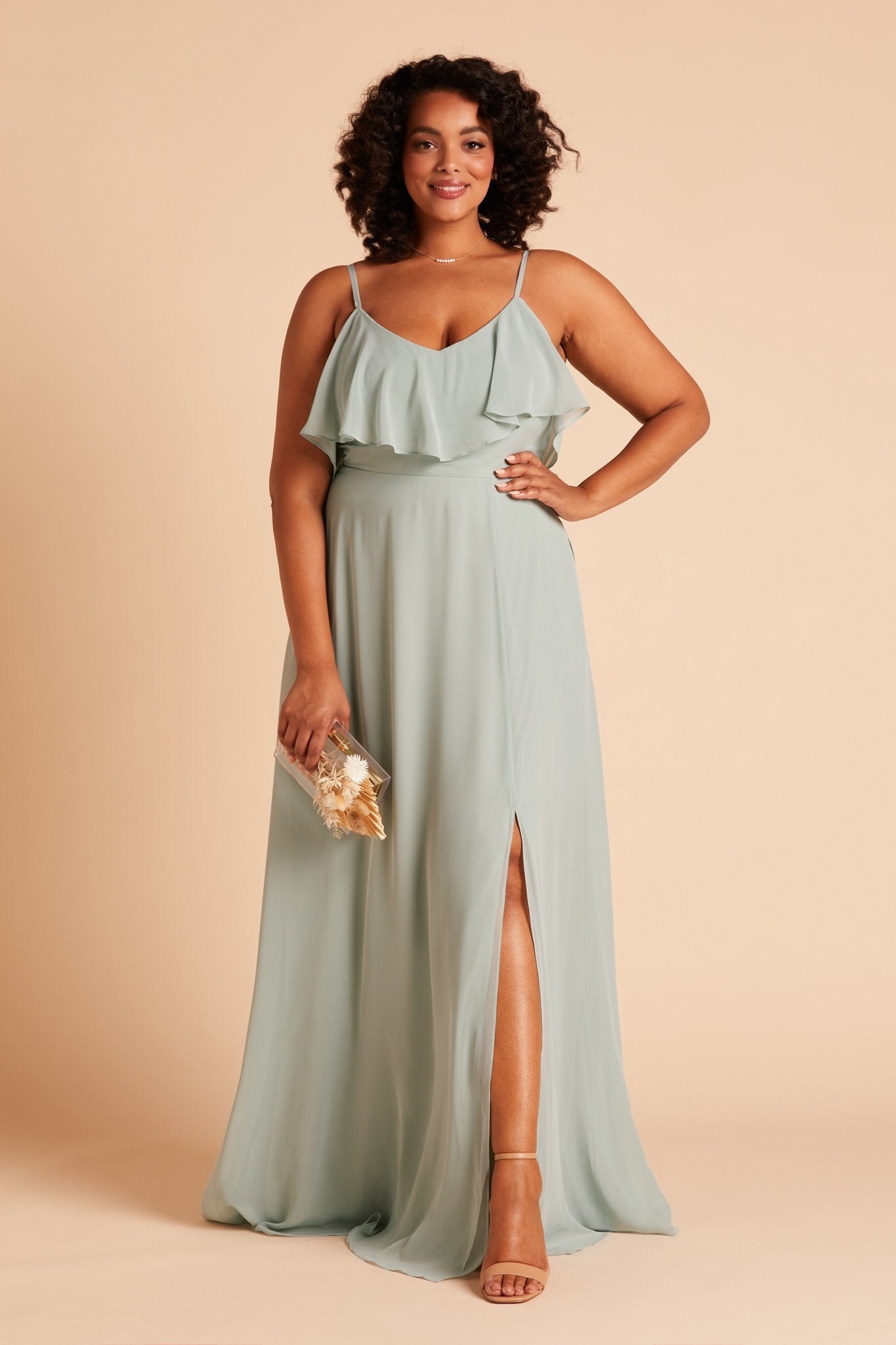 Jane convertible plus size bridesmaid dress with slit in sage green chiffon by Birdy Grey, front view