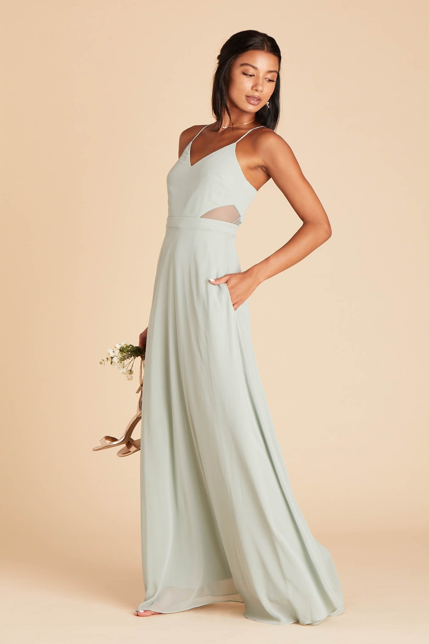 Lin bridesmaid dress in sage green chiffon by Birdy Grey, side view