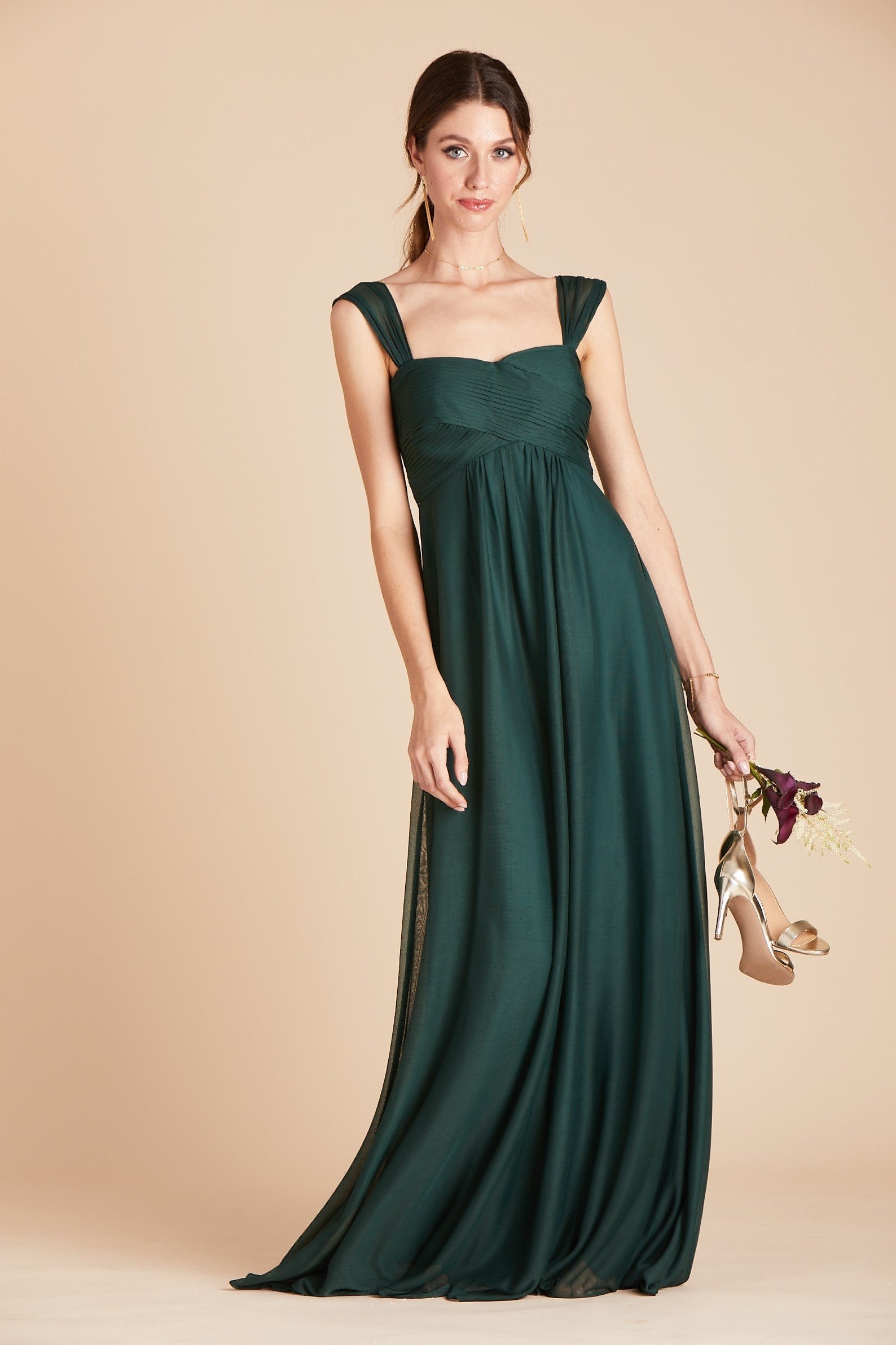 Maria convertible plus size bridesmaids dress in emerald green chiffon by Birdy Grey, front view