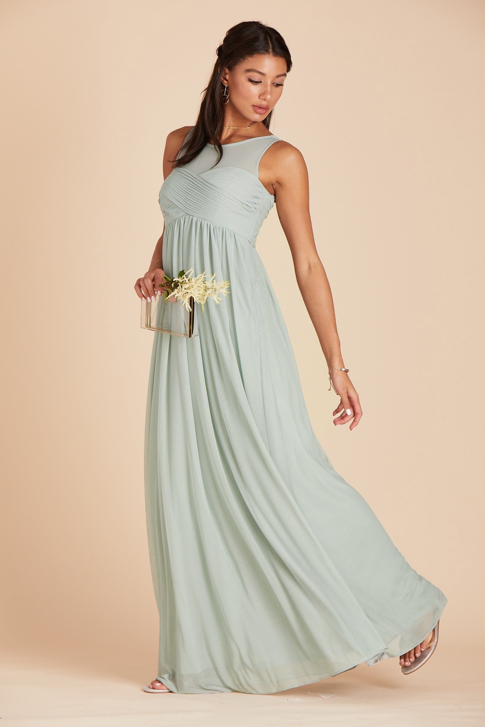 Ryan bridesmaid dress in sage green chiffon by Birdy Grey, front view