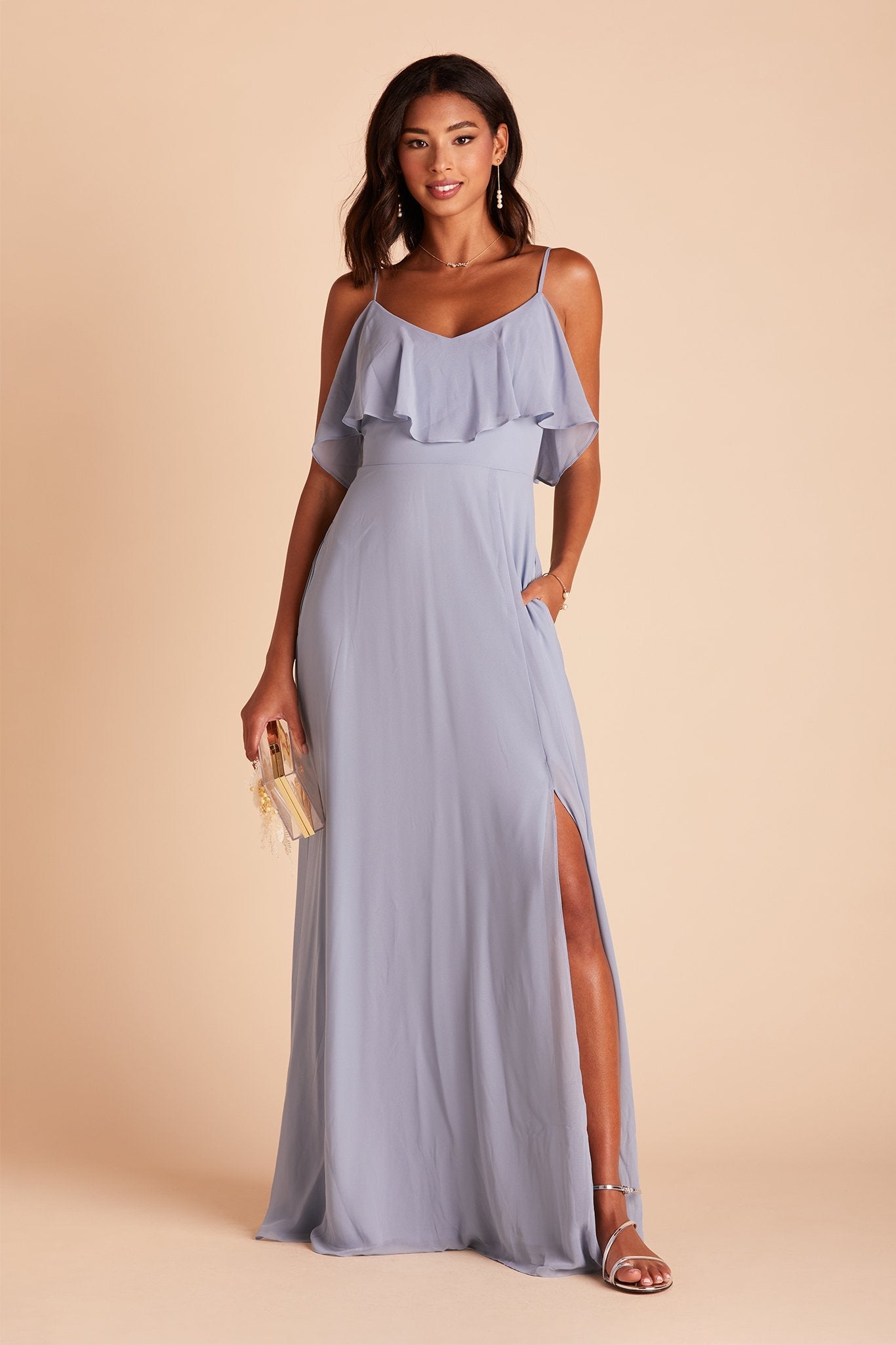 Jane convertible bridesmaid dress with slit in dusty blue chiffon by Birdy Grey, front view