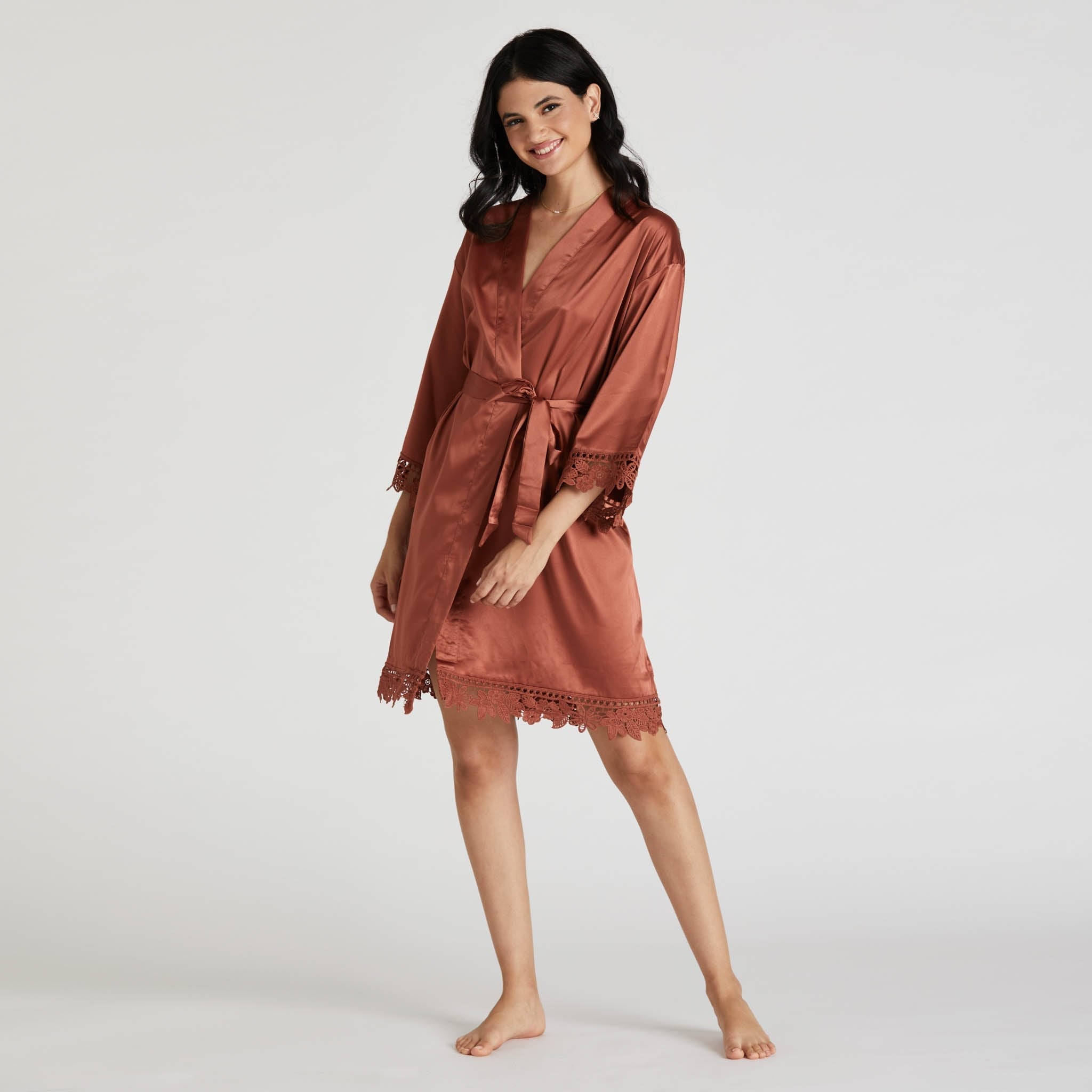 Satin Lace Robe in rust by Birdy Grey, front view