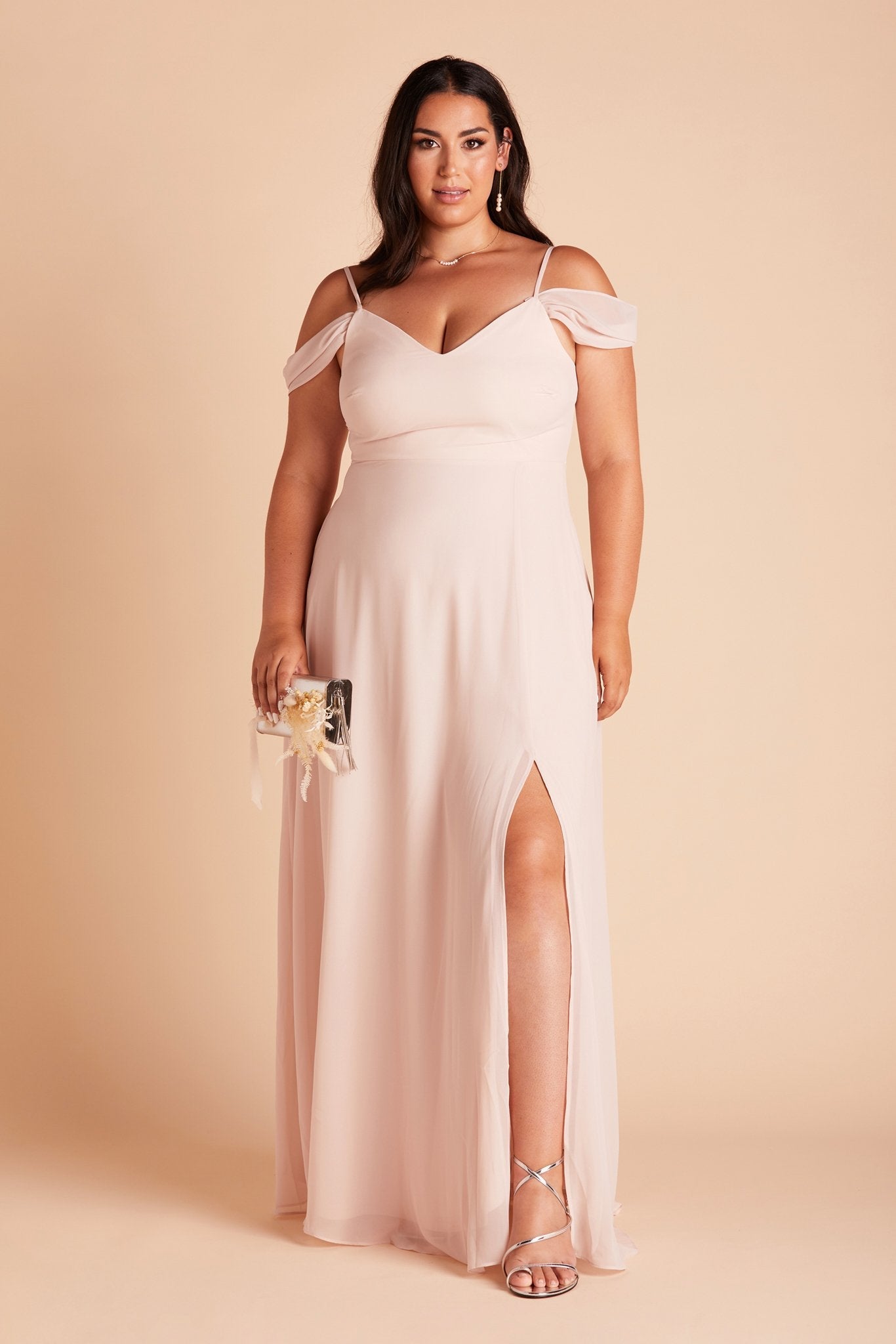 Devin convertible plus size bridesmaids dress with slit in pale blush chiffon by Birdy Grey, front view