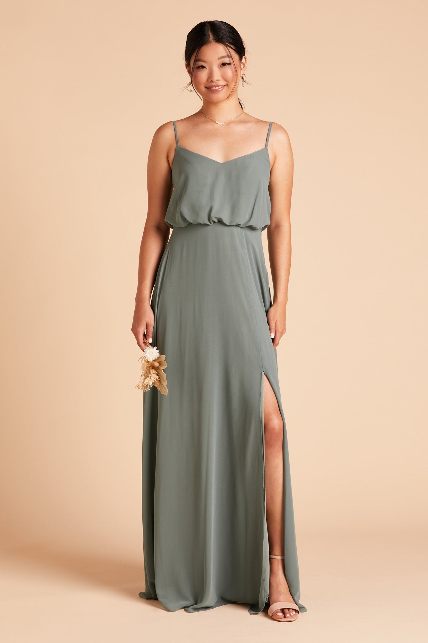 Gwennie bridesmaid dress with slit in sea glass green chiffon by Birdy Grey, front view