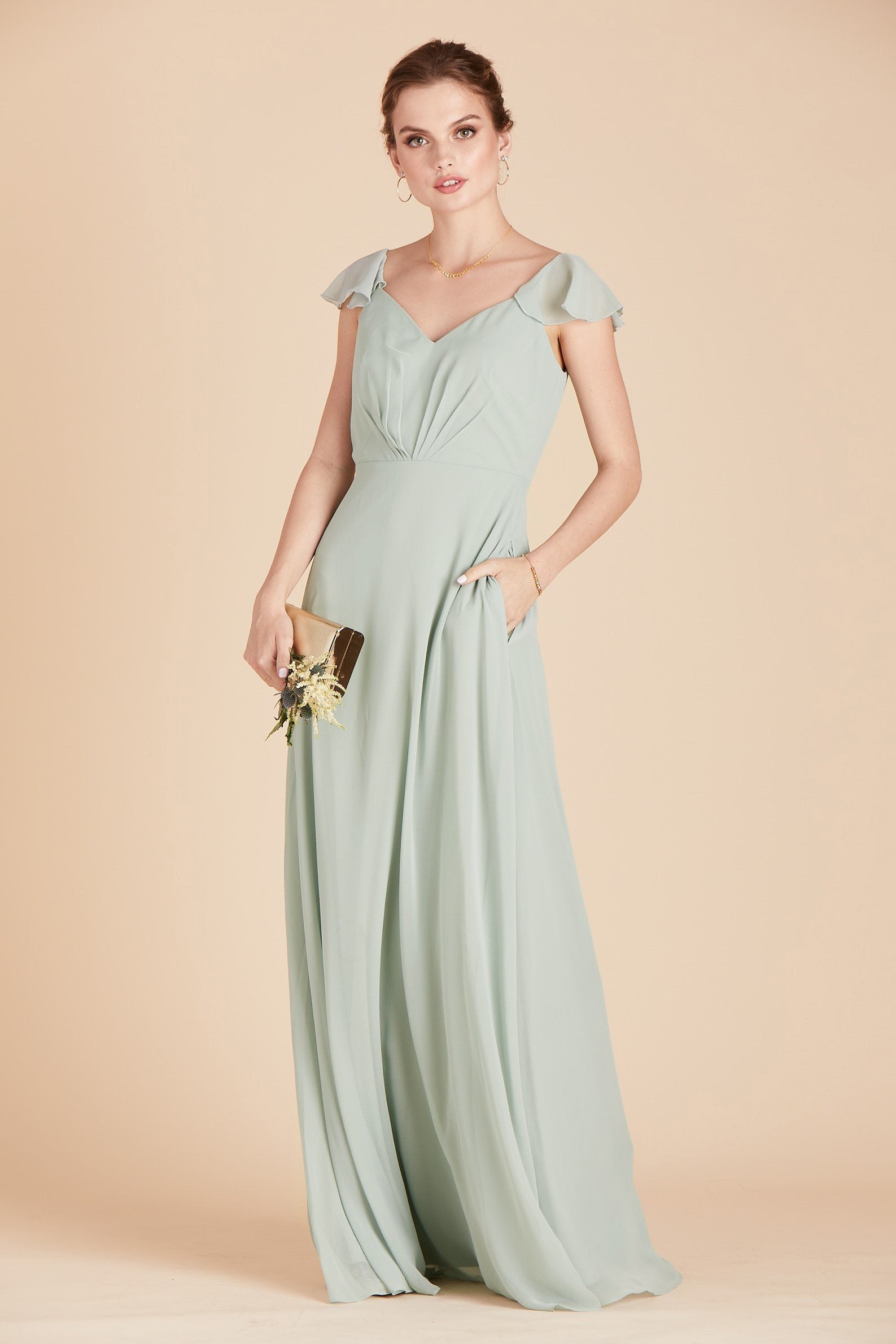 Kae bridesmaid dress in sage green chiffon by Birdy Grey, front view