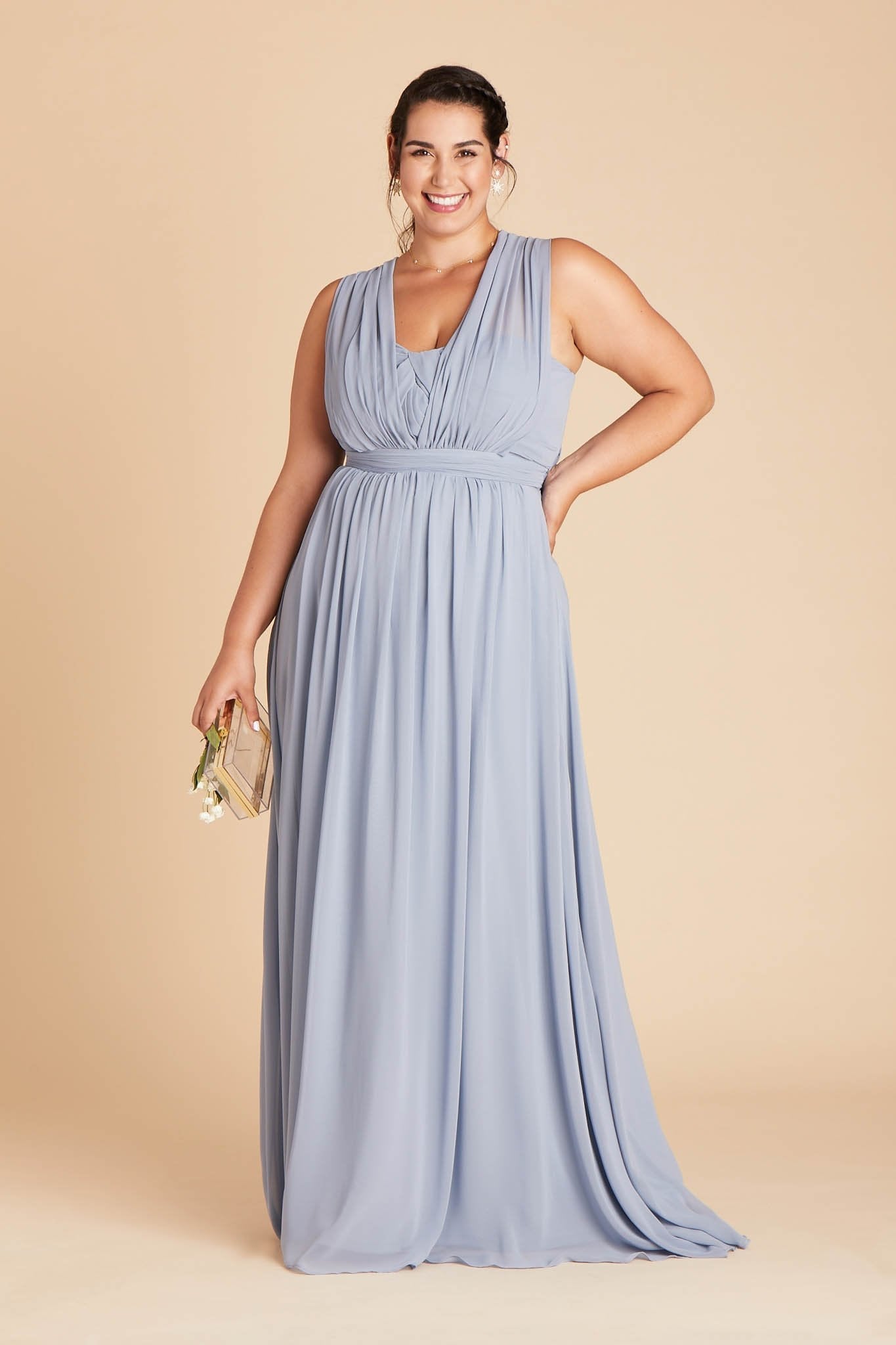 Grace convertible plus size bridesmaid dress in dusty blue chiffon by Birdy Grey, front view