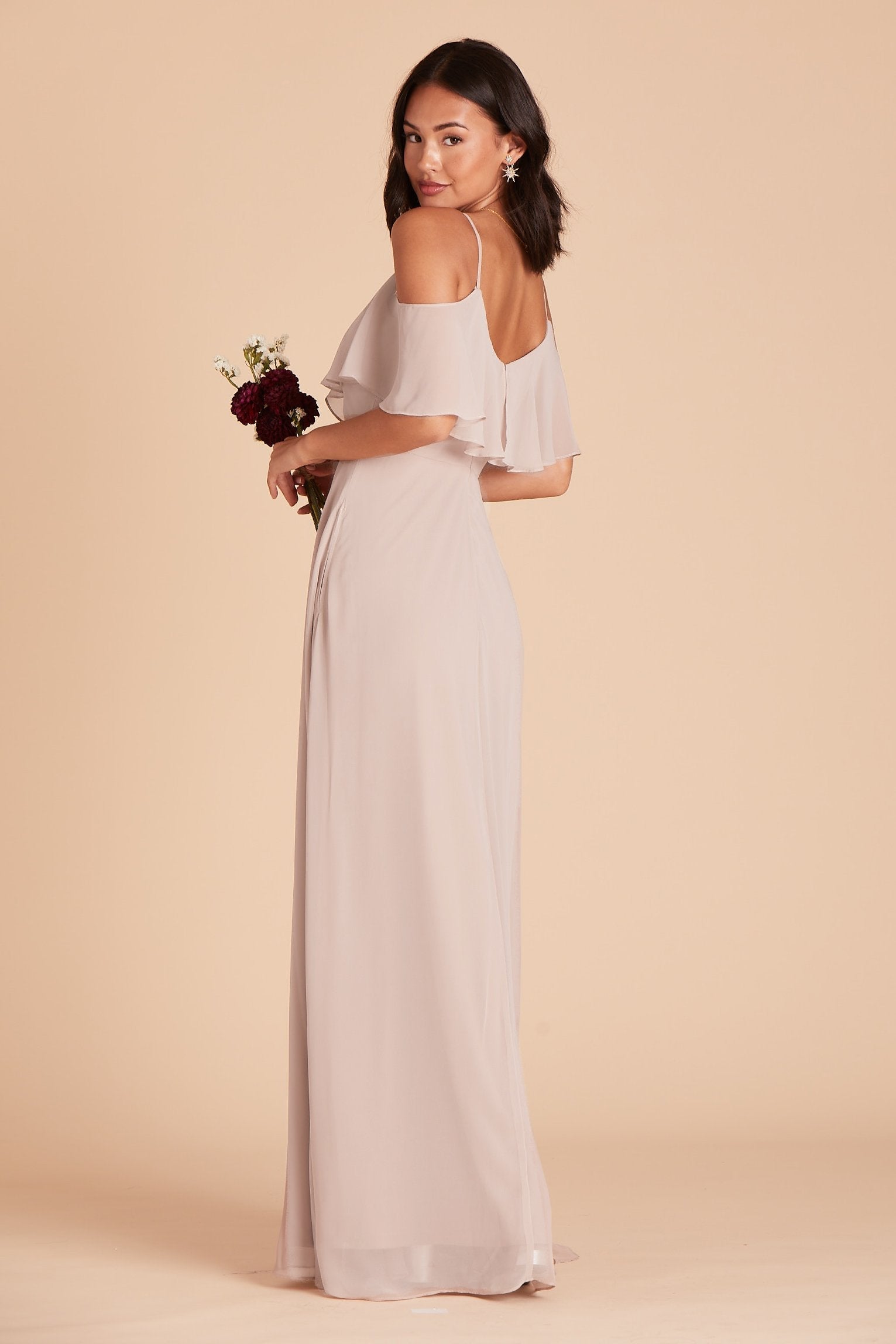 Jane convertible bridesmaid dress with slit in taupe chiffon by Birdy Grey, side view