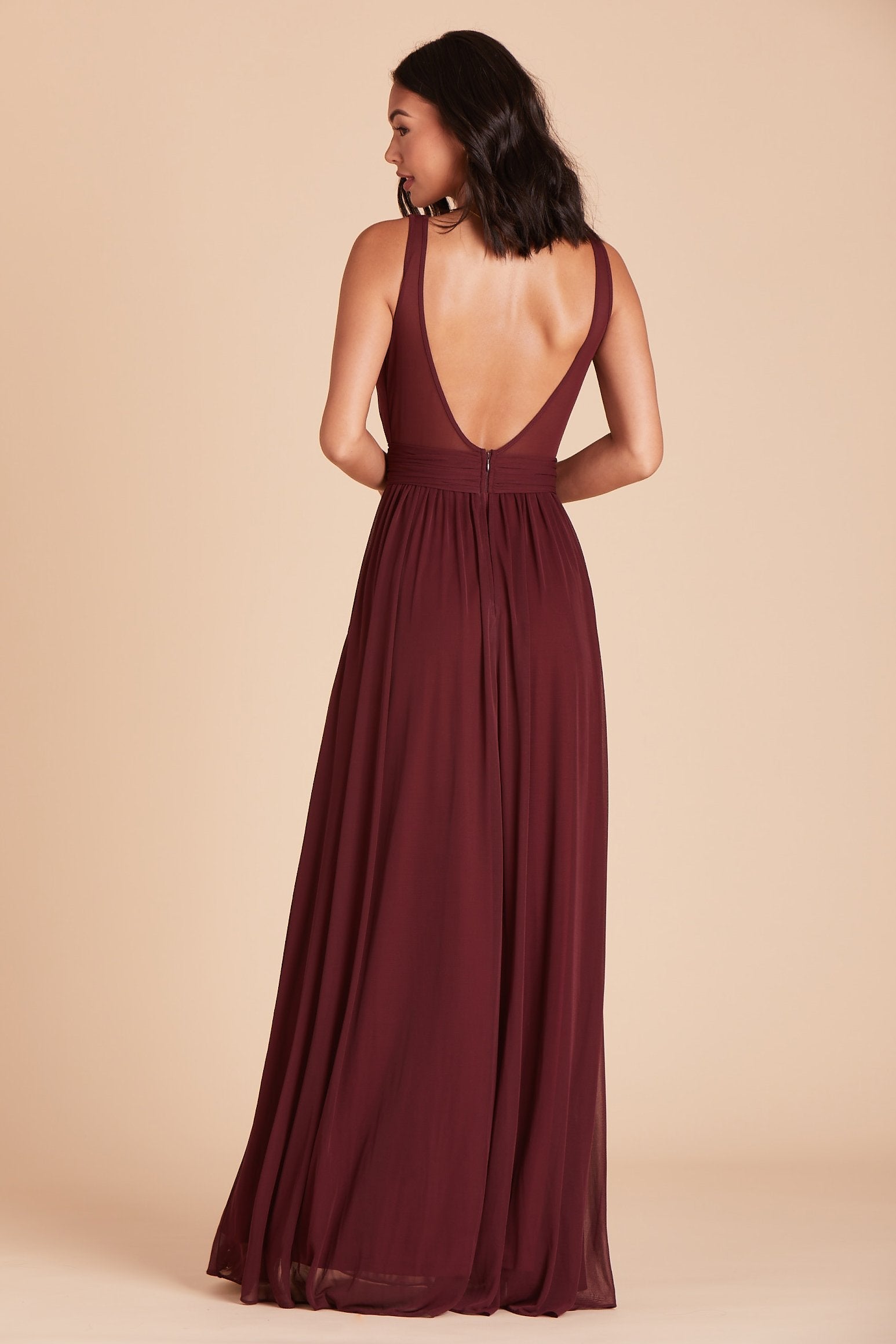 Jan bridesmaids dress in cabernet burgundy chiffon by Birdy Grey, back view