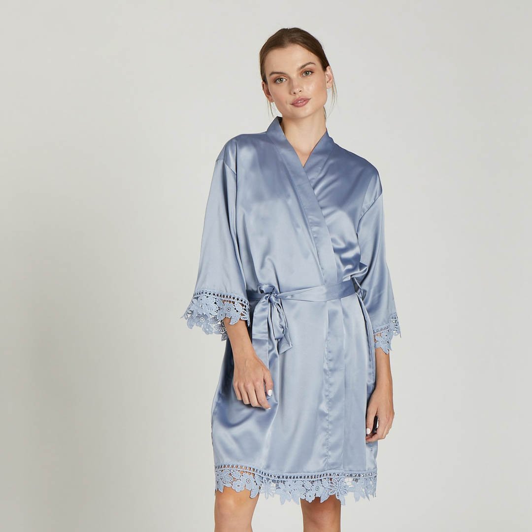 Satin Lace Robe in dusty blue by Birdy Grey, front view