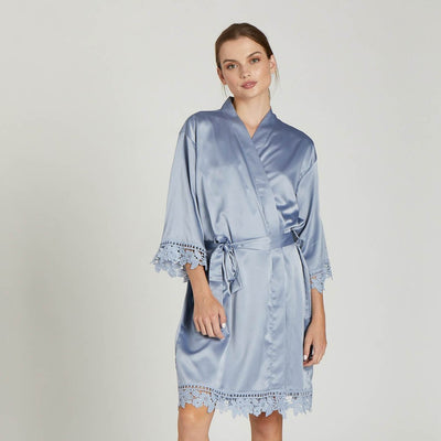 Satin Lace Robe in dusty blue by Birdy Grey, front view