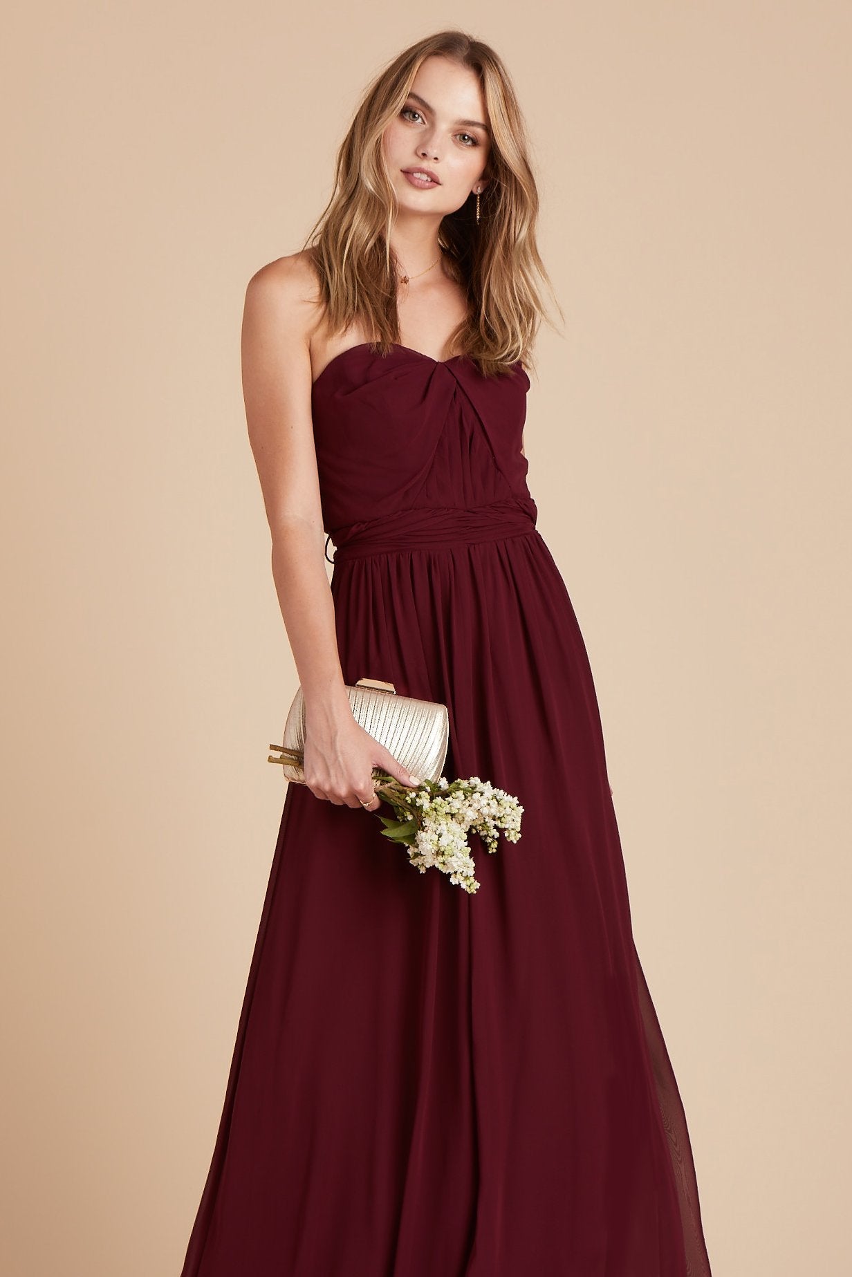 Chinky convertible bridesmaid dress in cabernet burgundy mesh by Birdy Grey, front view