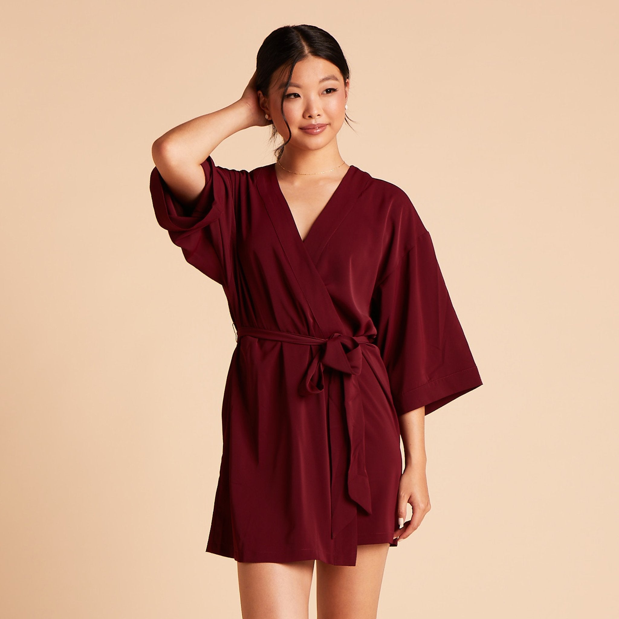 Karen Robe in cabernet burgundy by Birdy Grey, front view