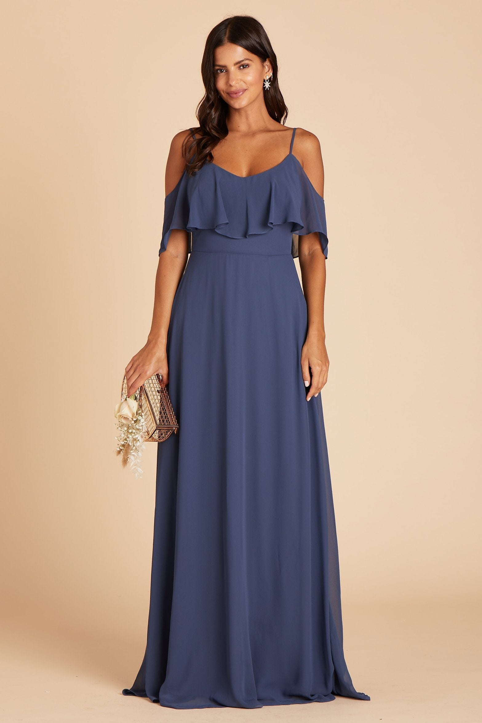 Jane convertible bridesmaid dress in slate blue chiffon by Birdy Grey, front view