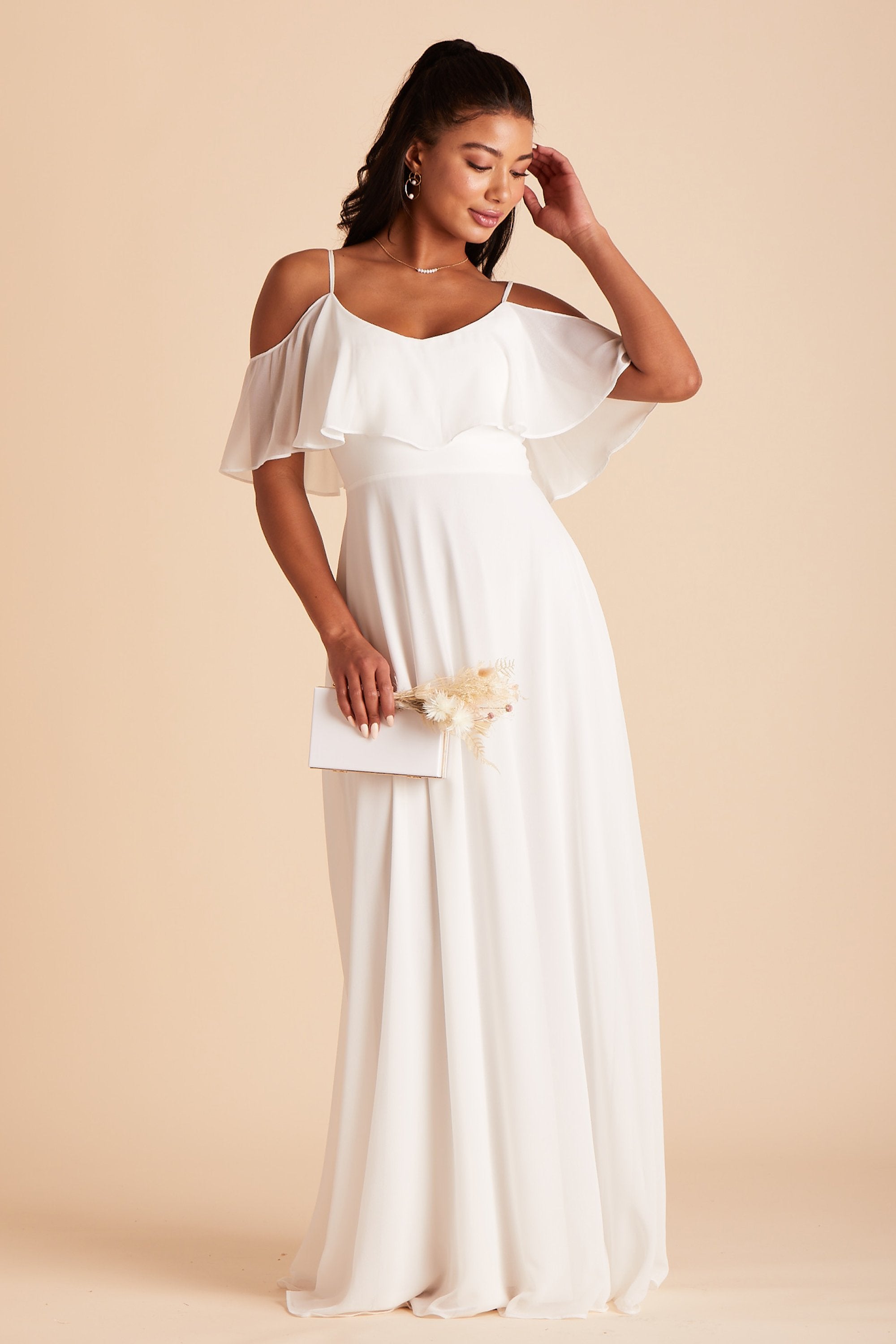 Jane convertible bridesmaid dress in white chiffon by Birdy Grey, front view