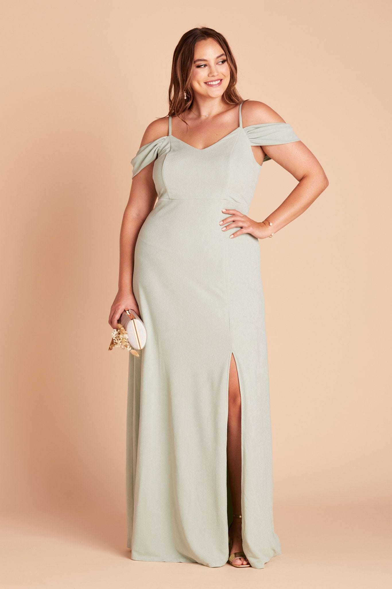 Dev plus size bridesmaid dress with slit in sage green crepe by Birdy Grey, front view