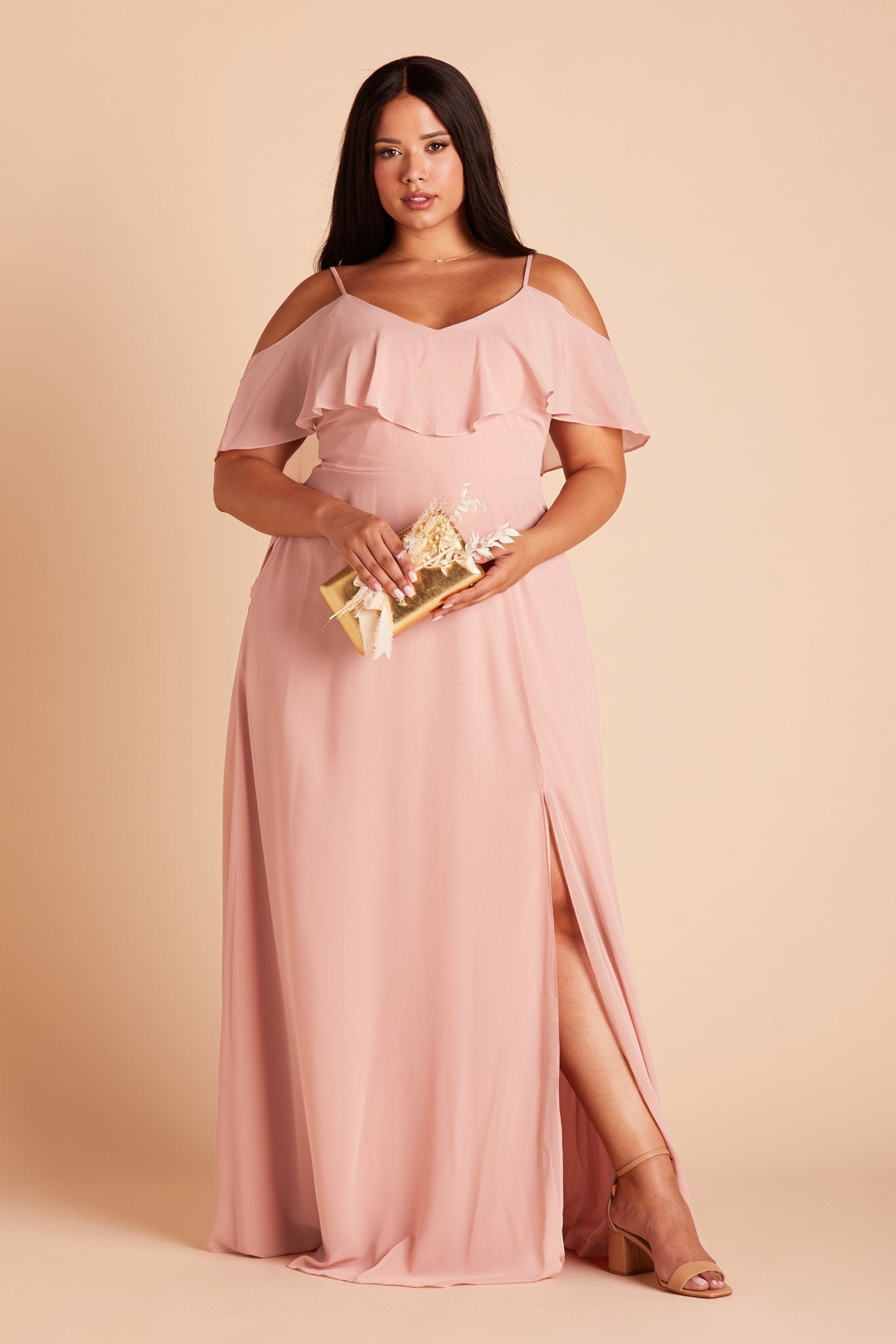 Jane convertible plus size bridesmaid dress with slit in dusty rose chiffon by Birdy Grey, front view