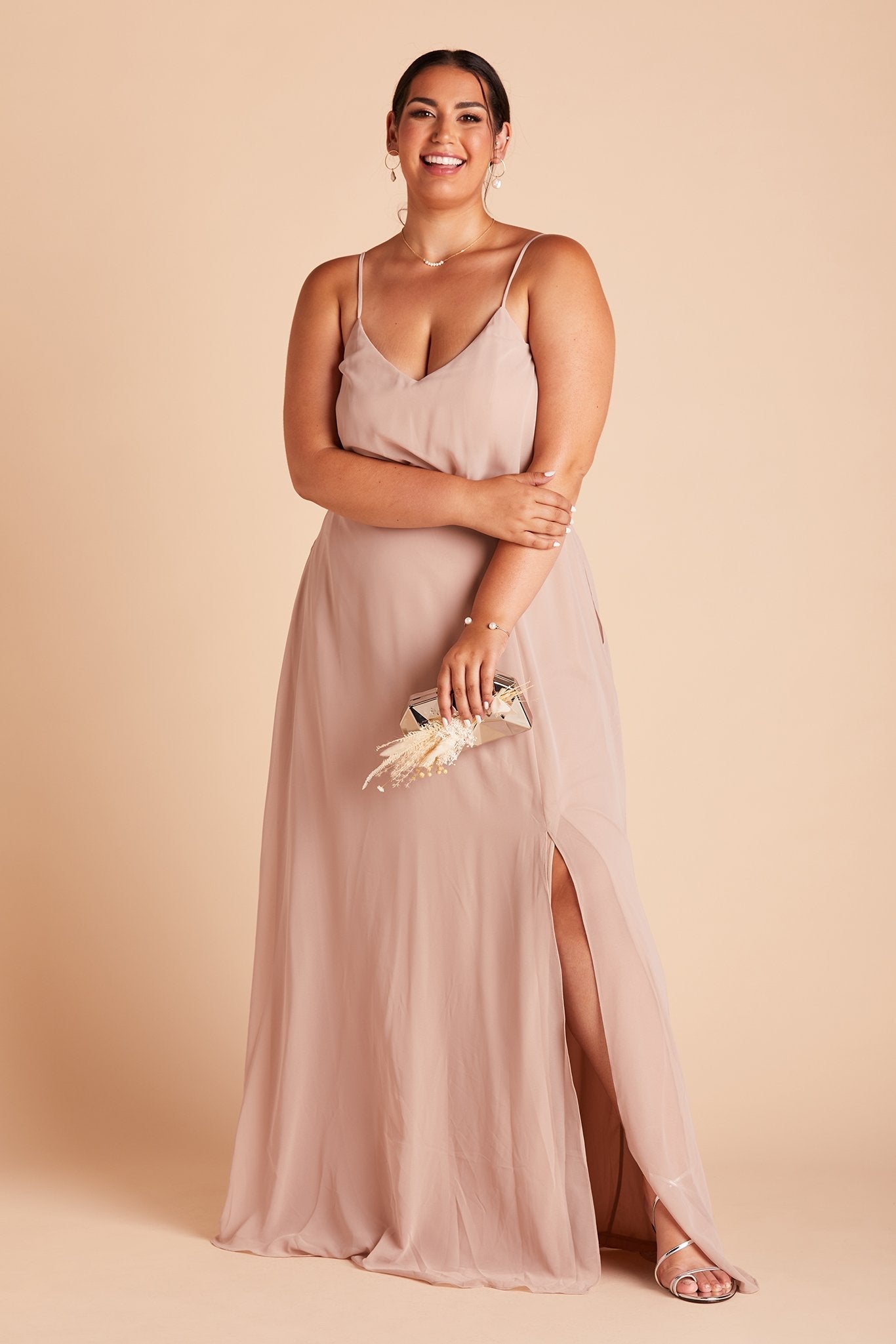 Gwennie bridesmaid dress with slit in taupe chiffon by Birdy Grey, front view