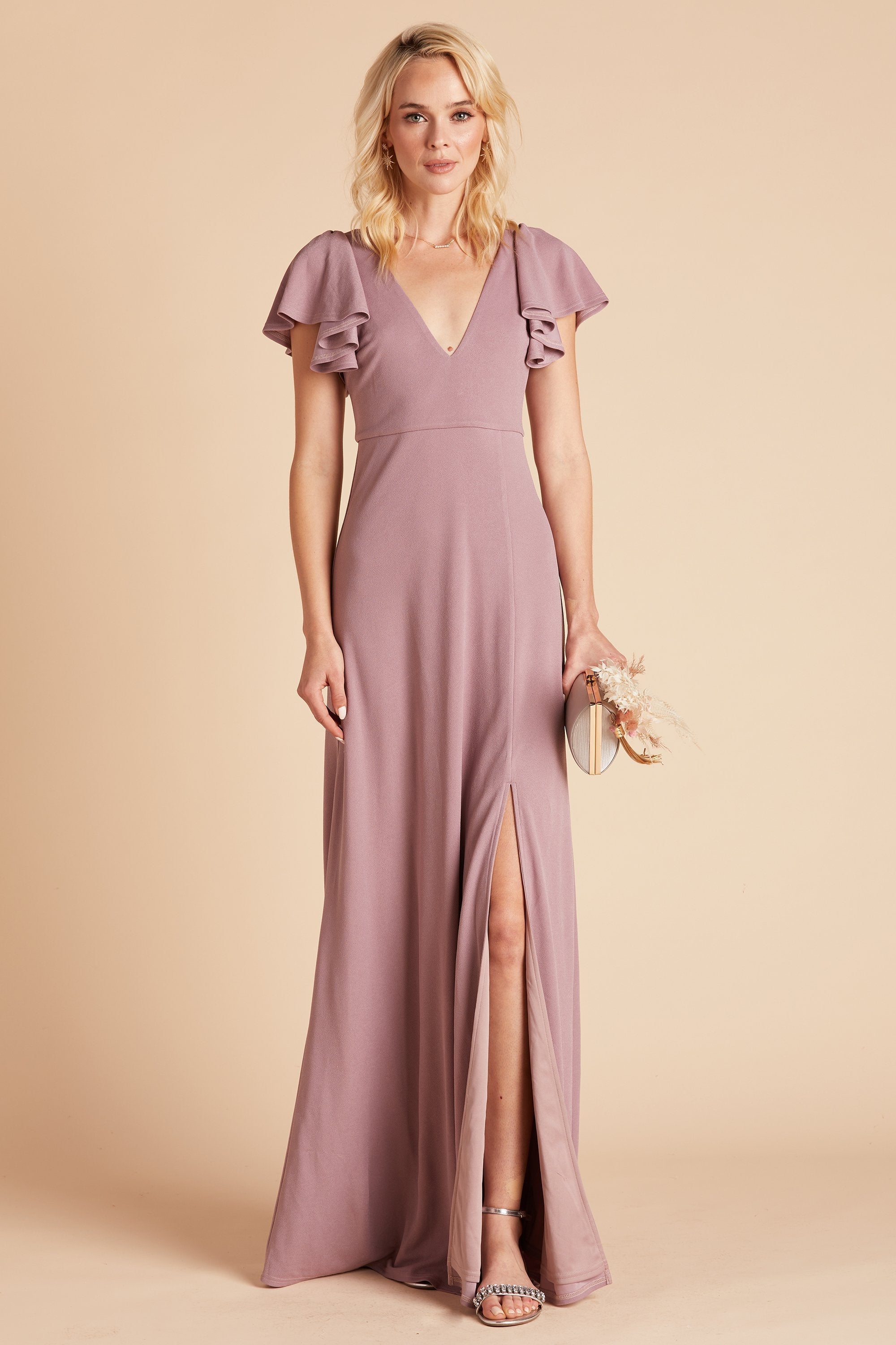 Hannah bridesmaid dress with slit in dark mauve chiffon by Birdy Grey, front view