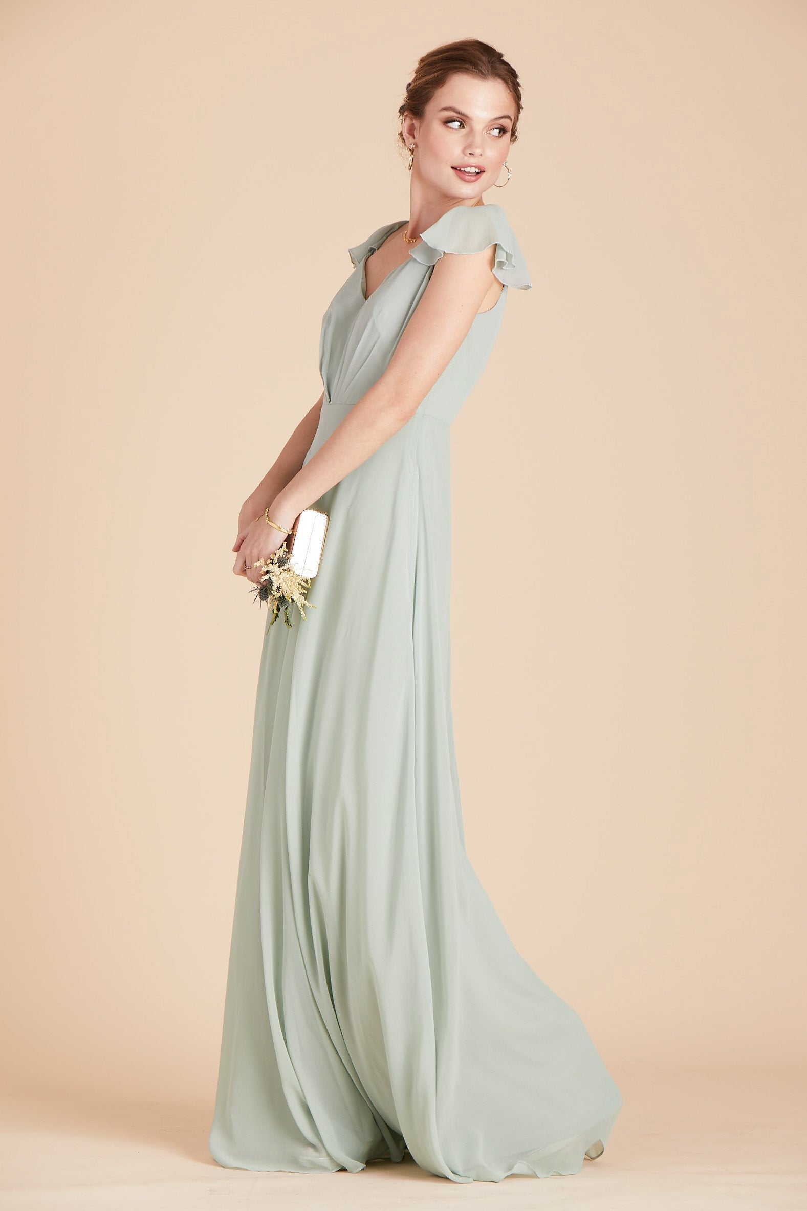 Kae bridesmaid dress in sage green chiffon by Birdy Grey, side view