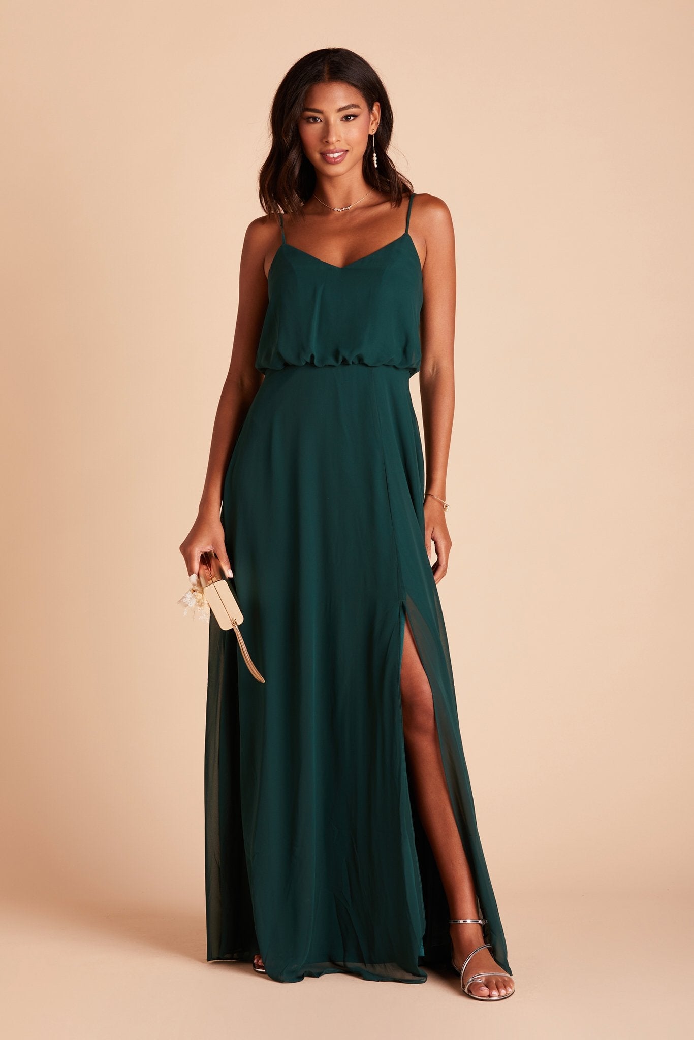 Gwennie bridesmaid dress with slit in emerald green chiffon by Birdy Grey, front view